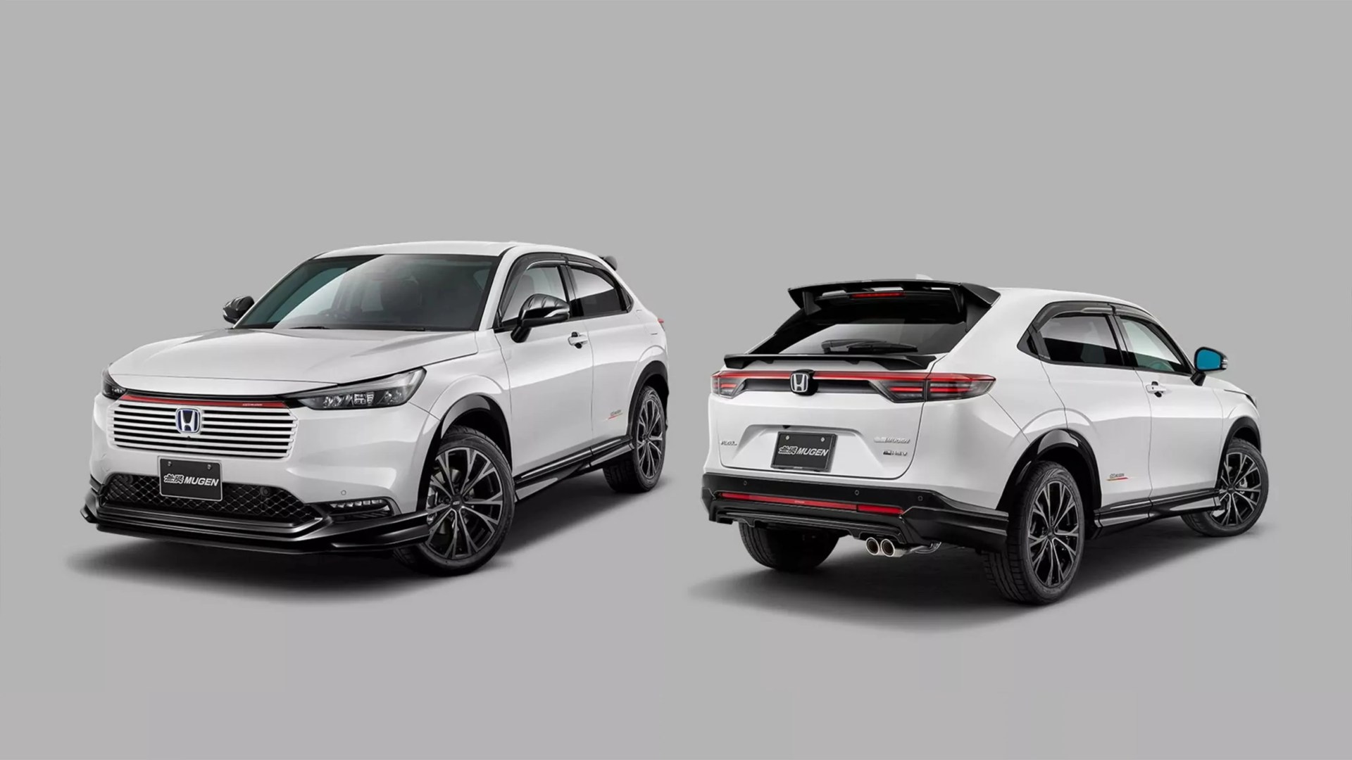 Two white Honda SUVs with black and red Mugen body kits shown from front-left and rear-right angles on a gray background.