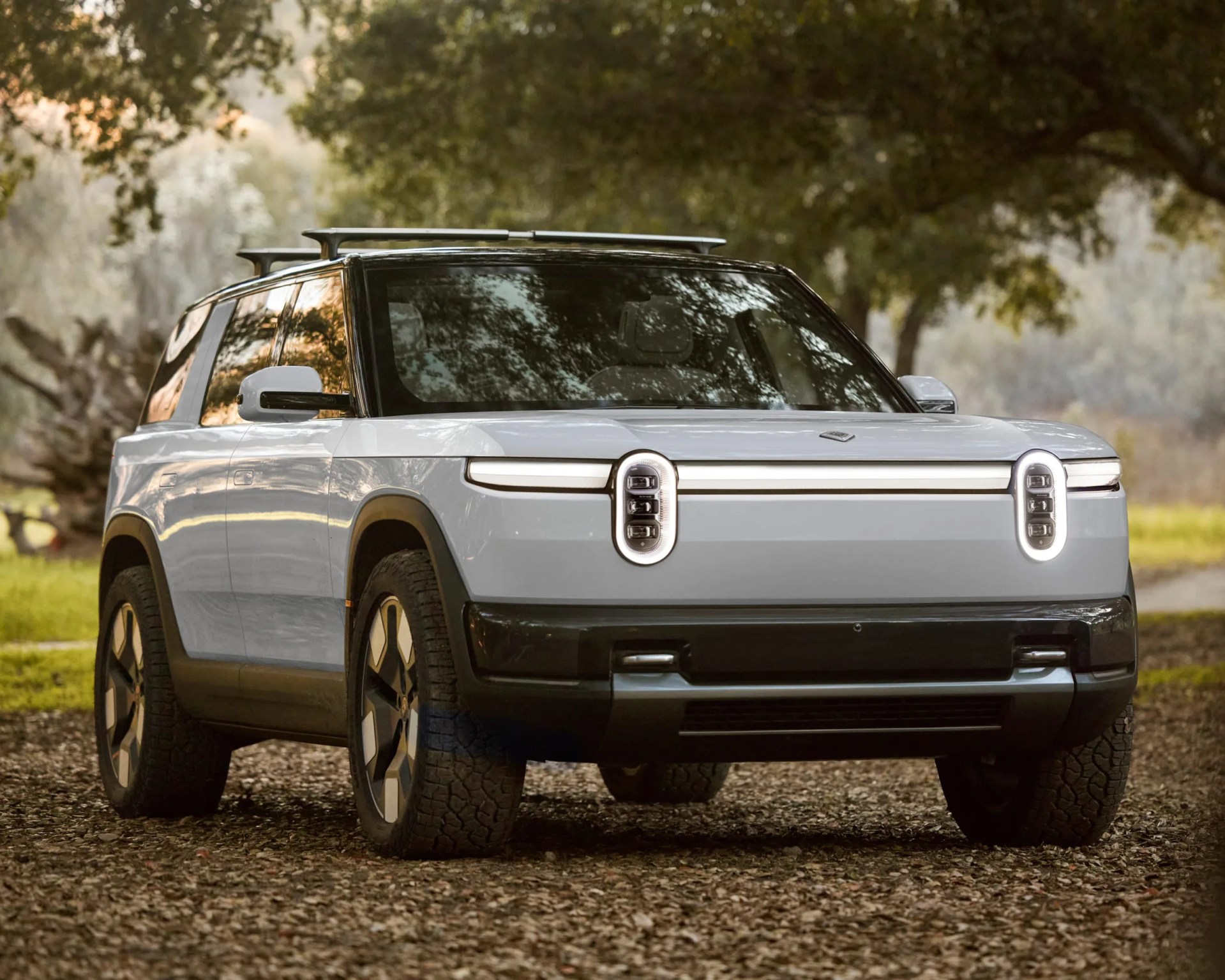Light gray electric SUV with distinctive oval LED headlights parked on a gravel path under trees.