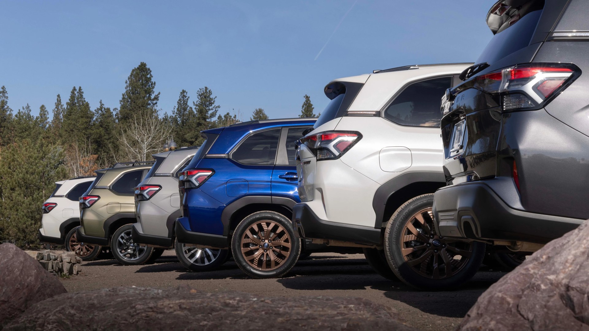 Five SUVs in white, bronze, silver, blue, and gray colors parked side by side on a dirt surface with trees in the background.