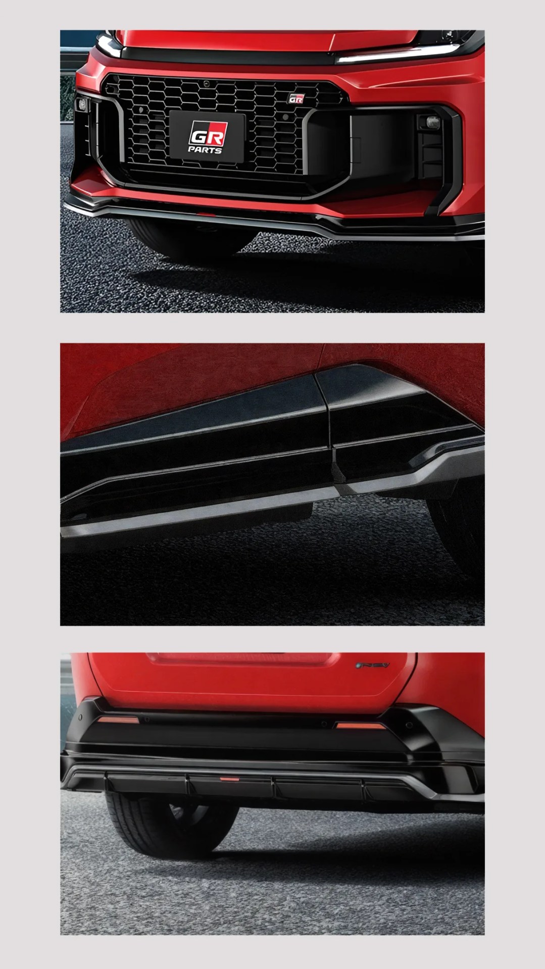 Close-up of red car front grille with black honeycomb pattern and GR Parts badge, black side skirt on red car, and black rear bumper diffuser on red car.