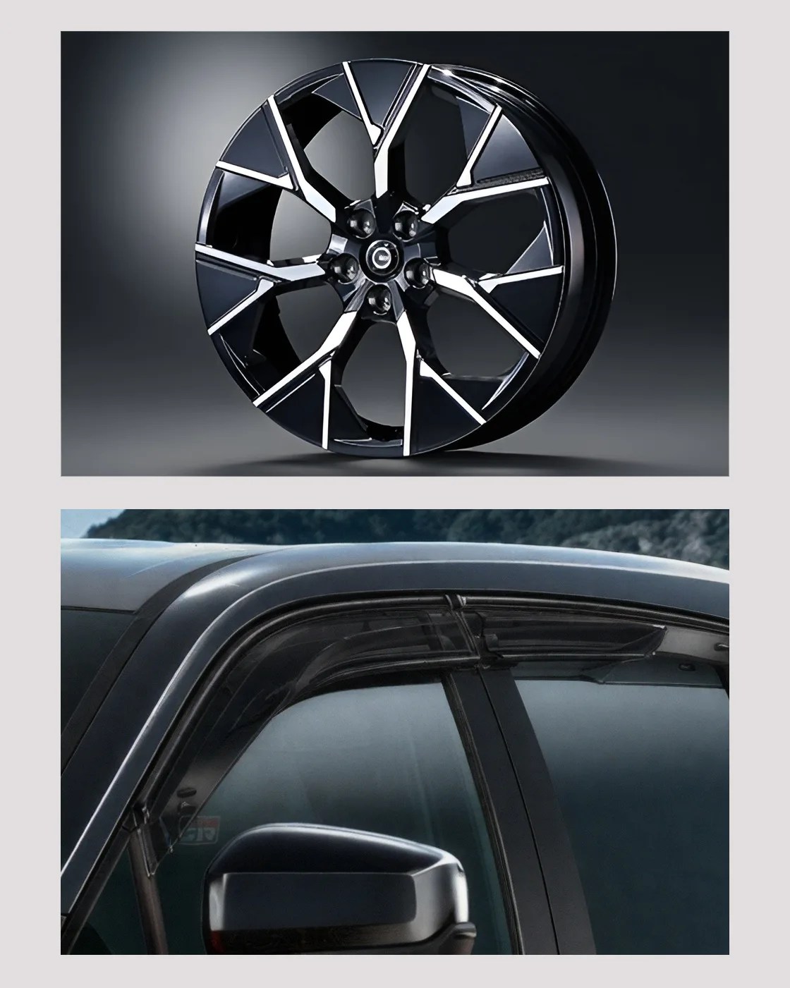 Top image: Glossy black and silver multi-spoke car wheel rim on a gradient background. Bottom image: Black car side window with a dark tinted rain guard installed above it.