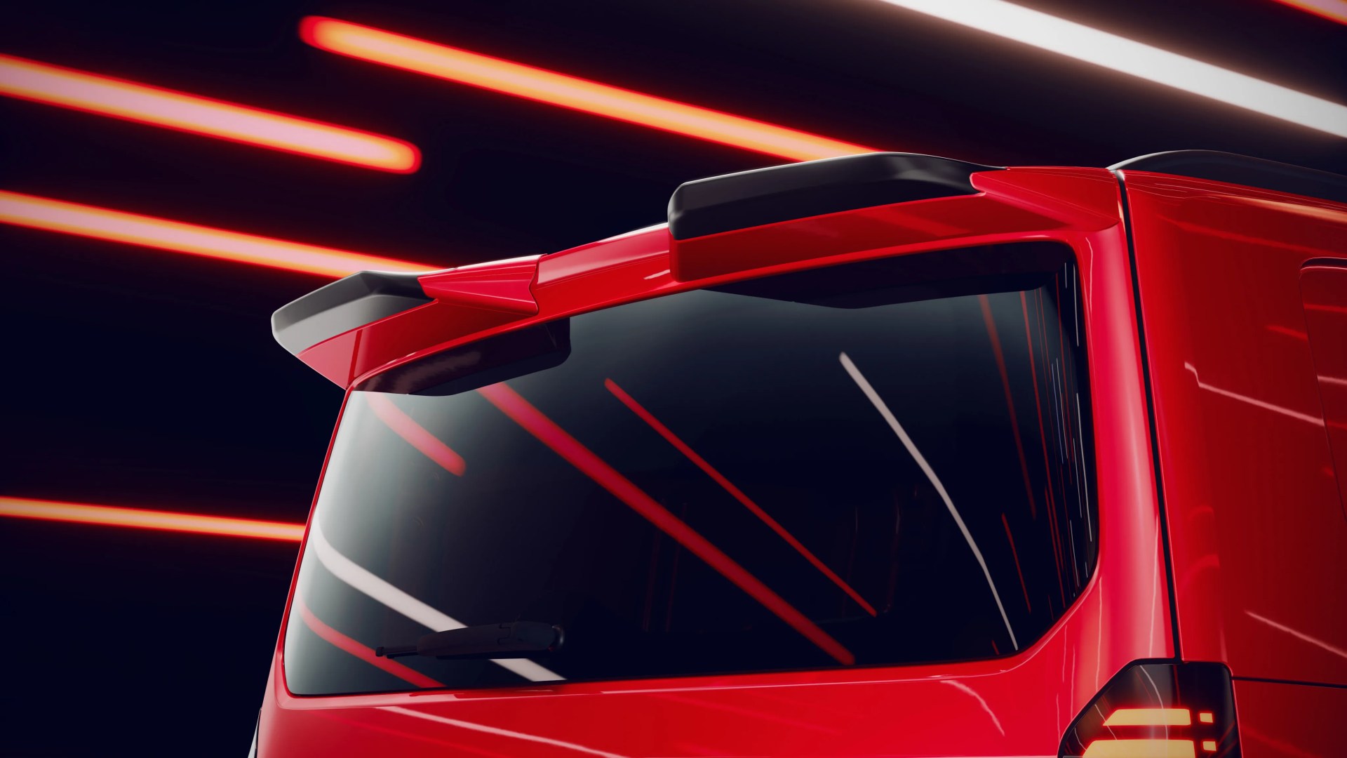Rear window of a red vehicle with a black spoiler and red and white light streaks reflected on the glass.