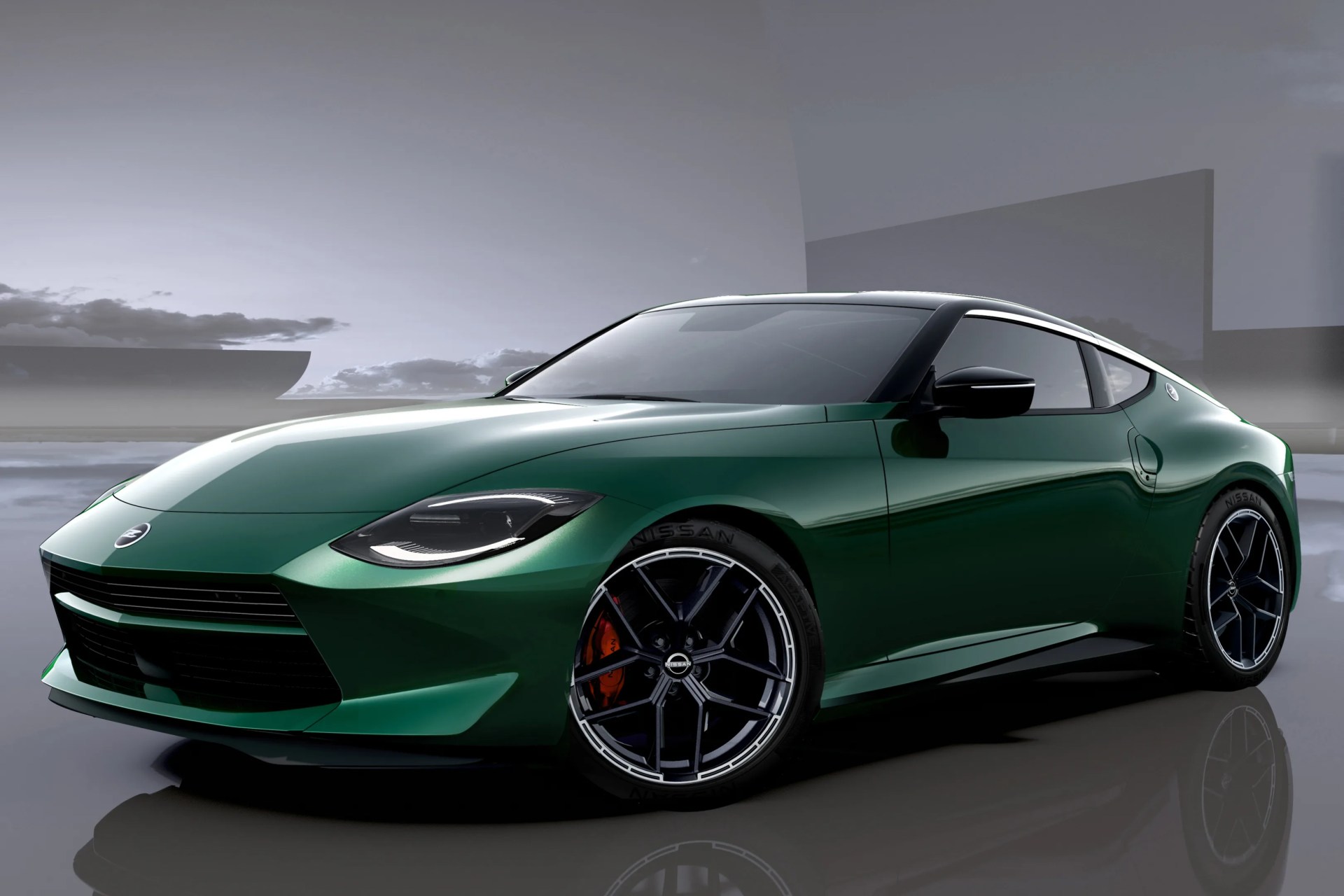 Dark green Nissan sports car with black roof and alloy wheels on reflective surface.