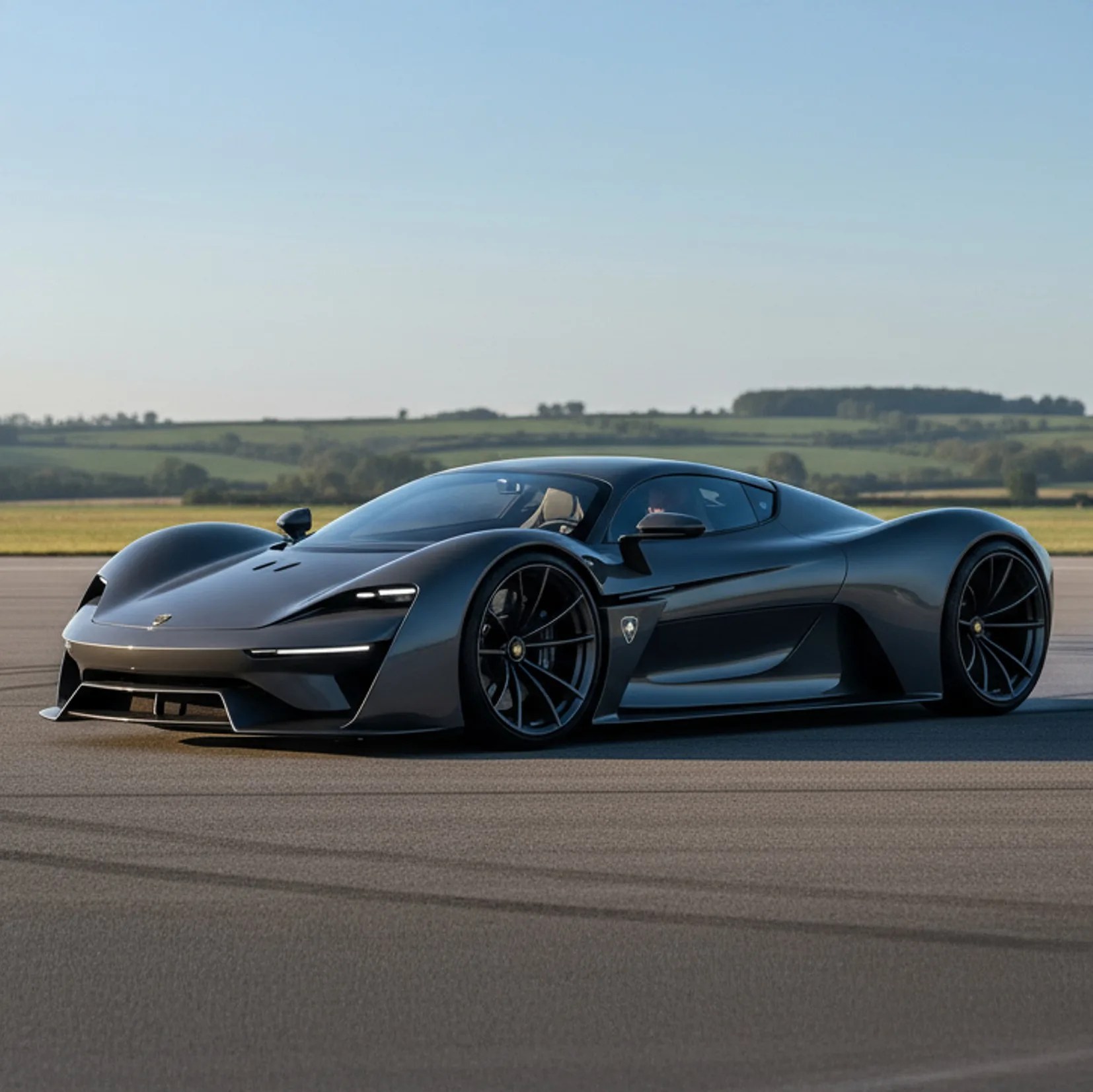 Glossy black futuristic sports car with sleek aerodynamic curves parked on an open tarmac.