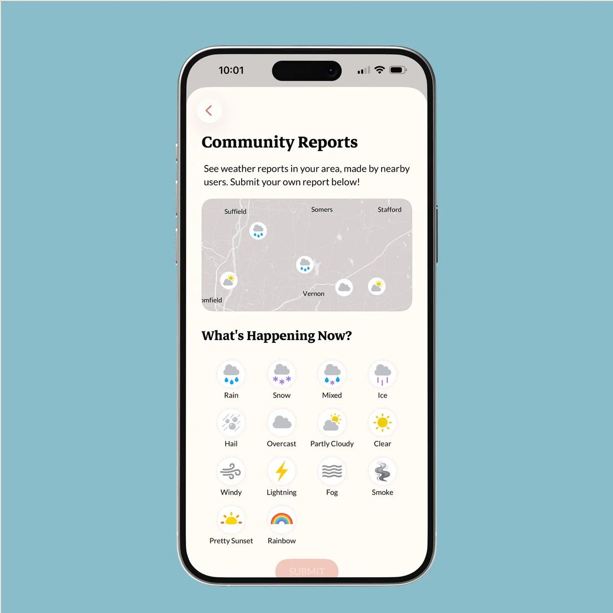 Smartphone screen showing a weather app with community reports and weather condition icons on a light background.