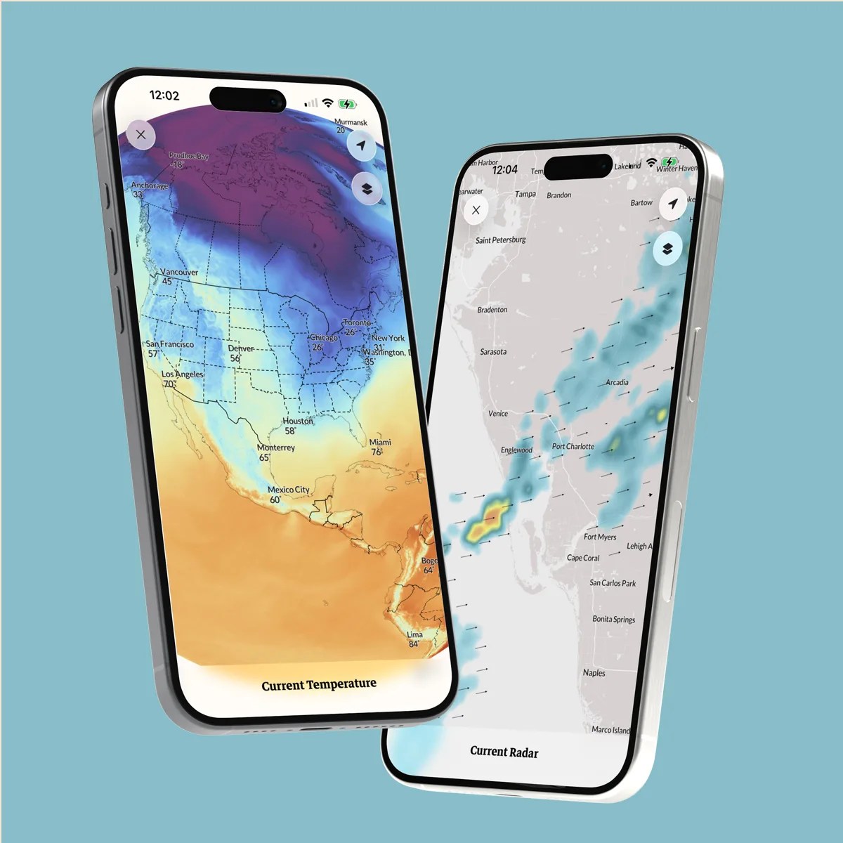 Two smartphones displaying weather apps showing current temperature and radar maps on their screens.