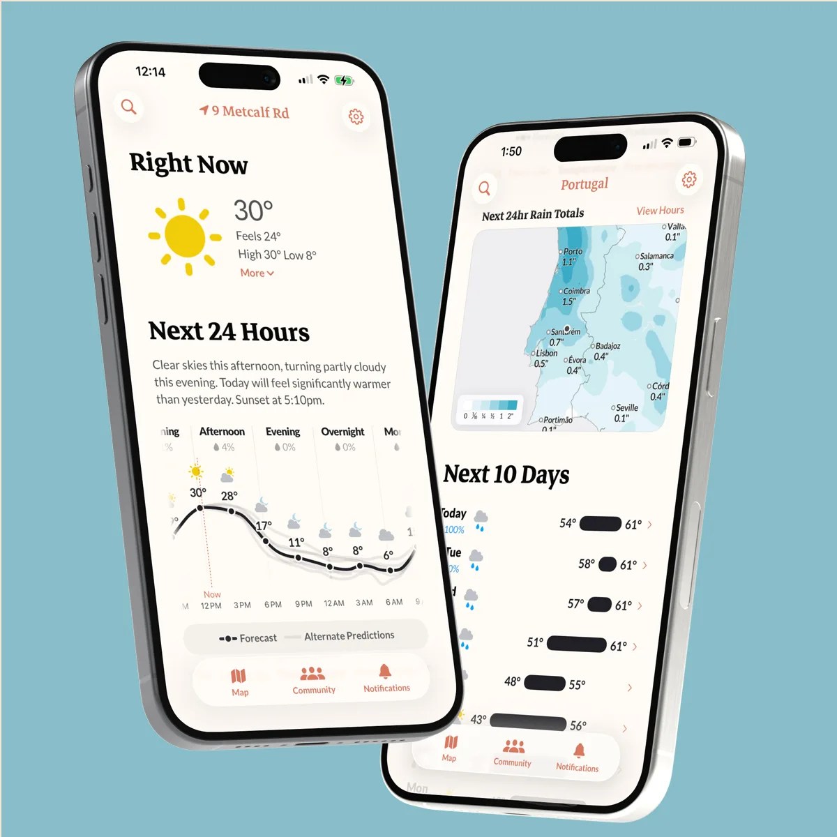 Two smartphones displaying weather forecast apps with temperature, rain totals, and hourly predictions on a blue background.