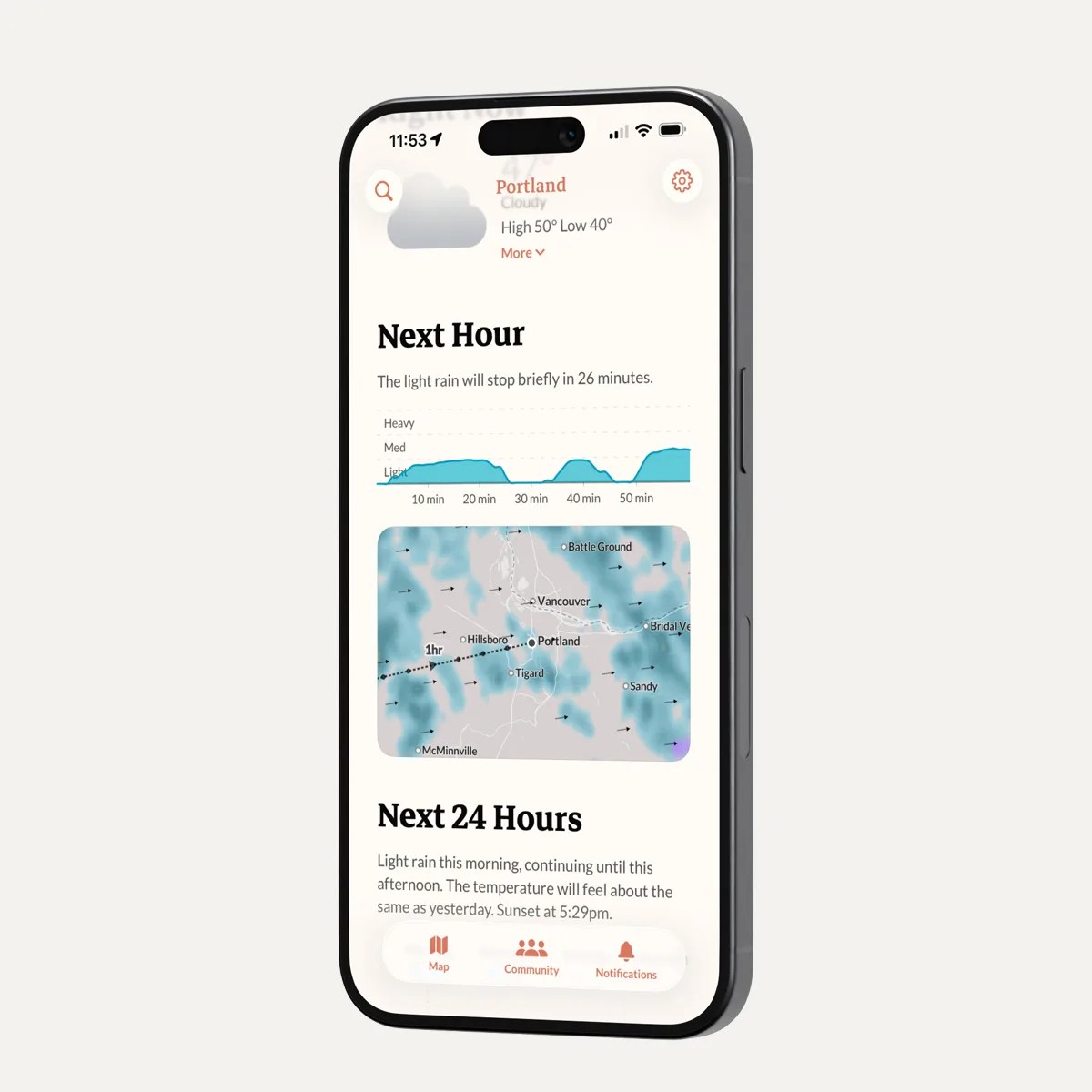 Smartphone displaying a weather app showing light rain forecast and temperature for Portland.