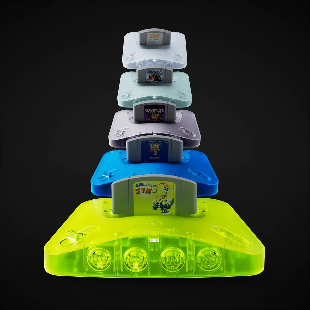 Six translucent Nintendo 64 consoles in neon yellow, blue, purple, light blue, and clear, each with a different game cartridge inserted.