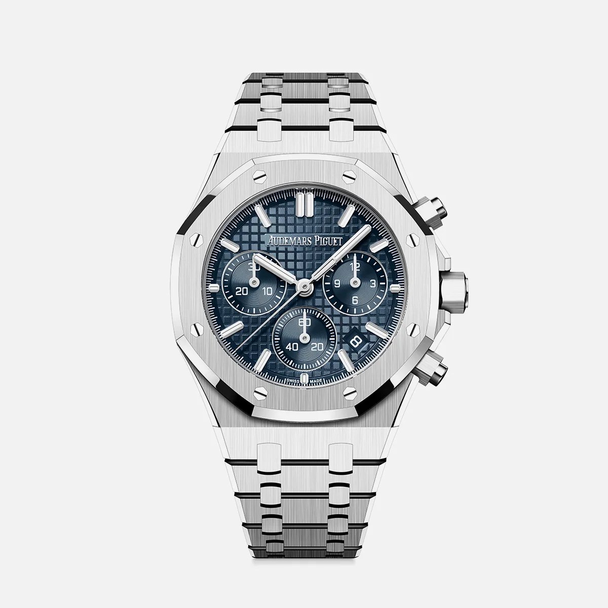 Silver stainless steel Audemars Piguet Royal Oak chronograph watch with blue textured dial and metal bracelet.