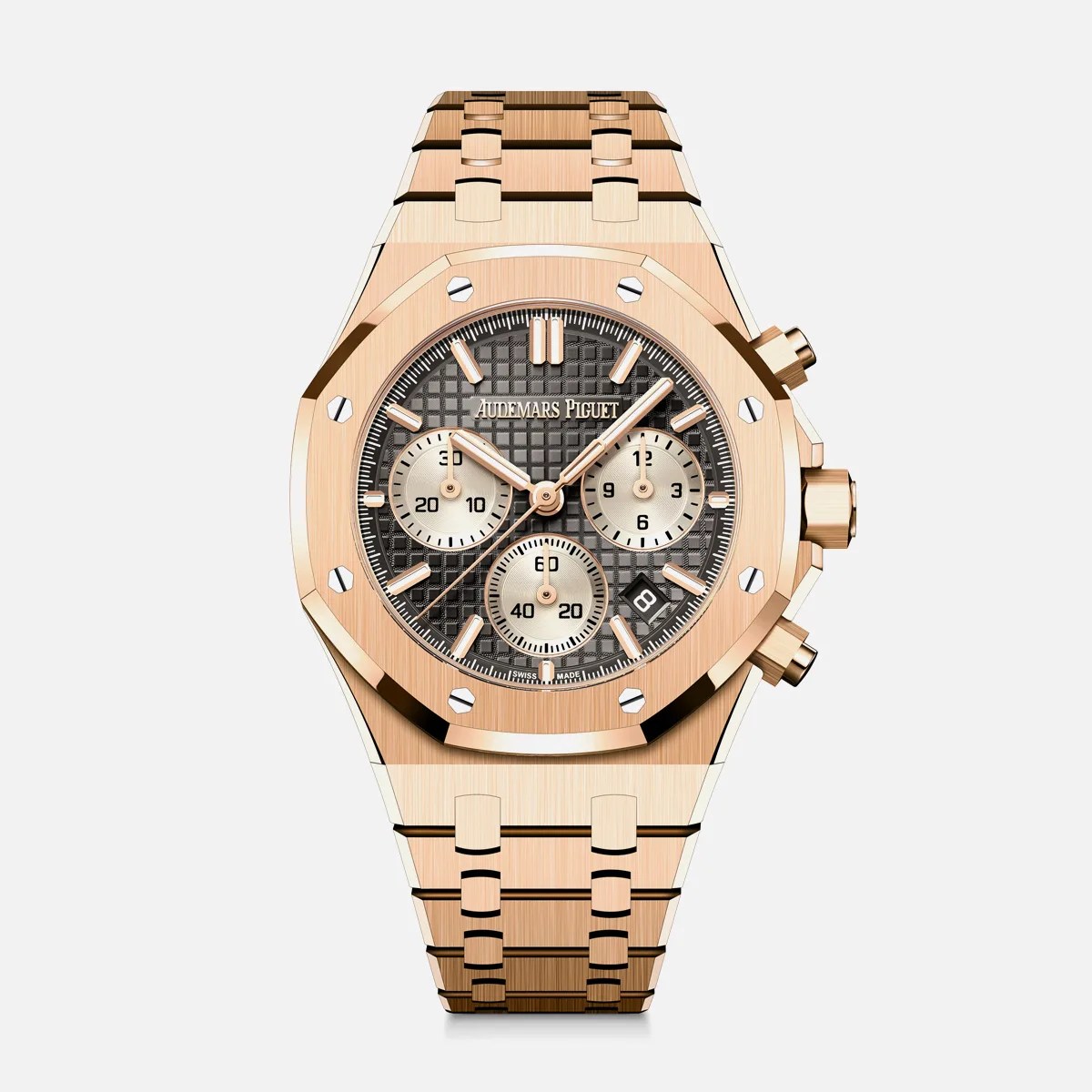 Rose gold Audemars Piguet Royal Oak chronograph watch with black textured dial and three subdials.