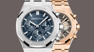Two luxury Audemars Piguet Royal Oak chronograph watches, one in silver with a blue dial and one in rose gold with a gray dial.