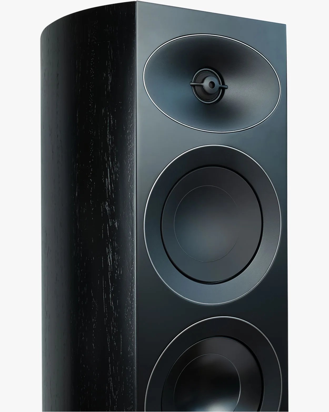 Tall black floor-standing speaker with two large woofers and one oval tweeter on the front panel.