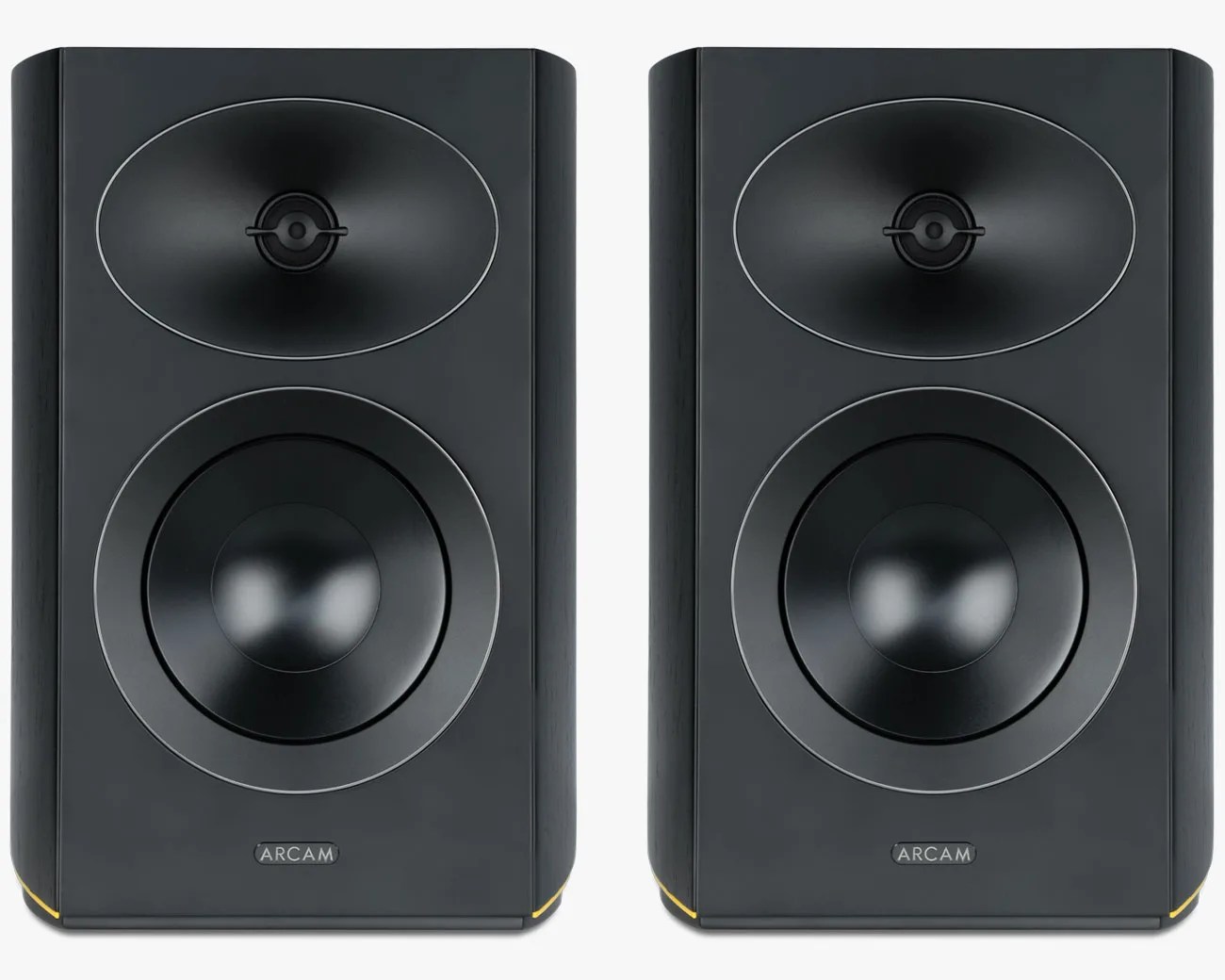 Pair of black Arcam bookshelf speakers with oval tweeters and round woofers.