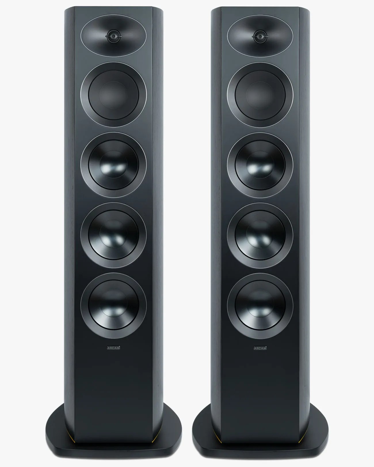 Pair of tall black floor-standing speakers with multiple drivers and rounded bases.
