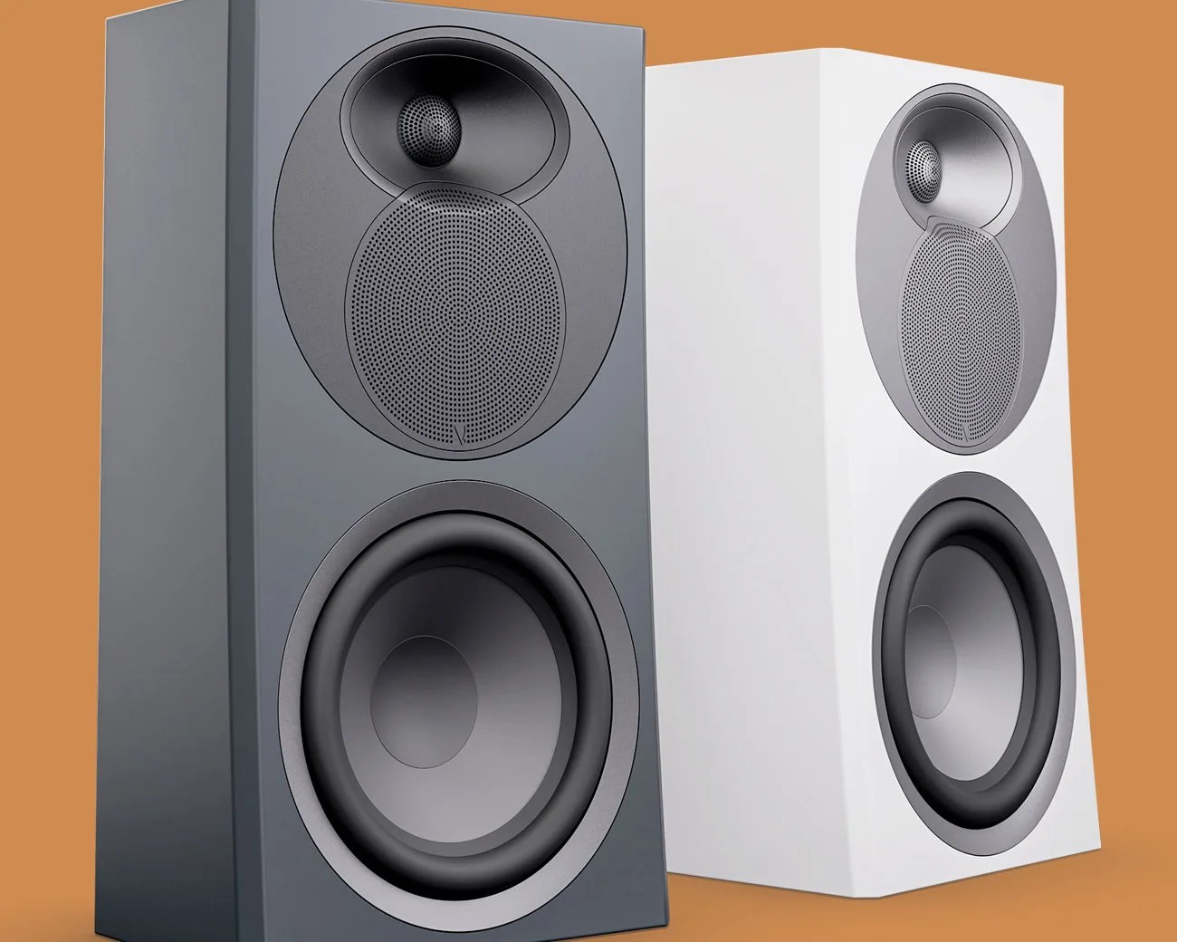 Pair of rectangular bookshelf speakers, one matte gray and one matte white, each with two circular drivers on the front.