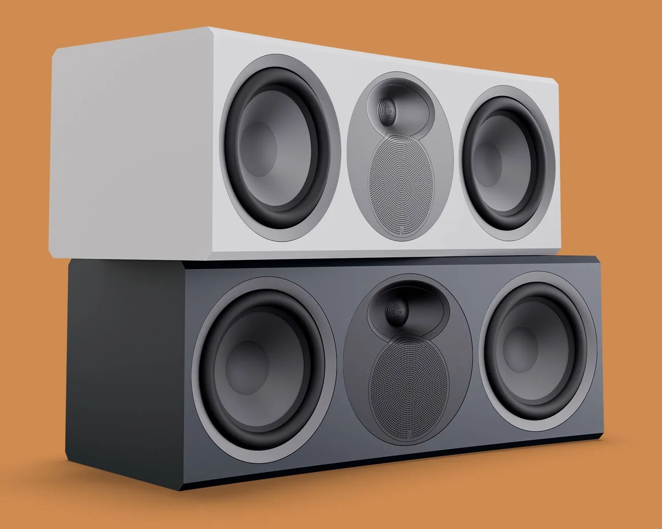 Two rectangular center channel speakers stacked, one white and one dark gray, each with two large woofers and two smaller tweeters.