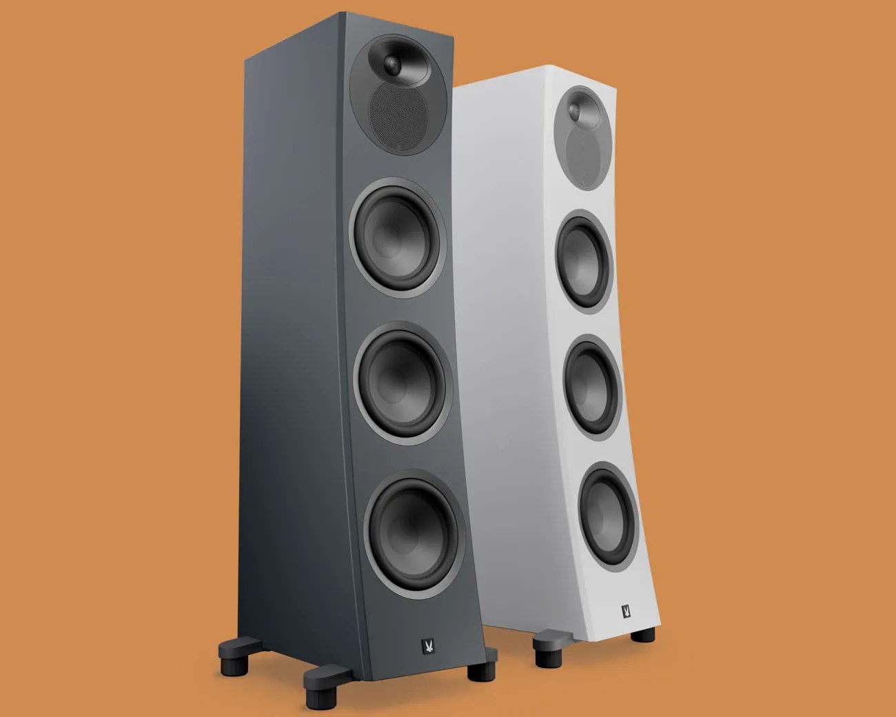 Pair of tall, curved floor-standing speakers in matte black and white finishes on a brown background.