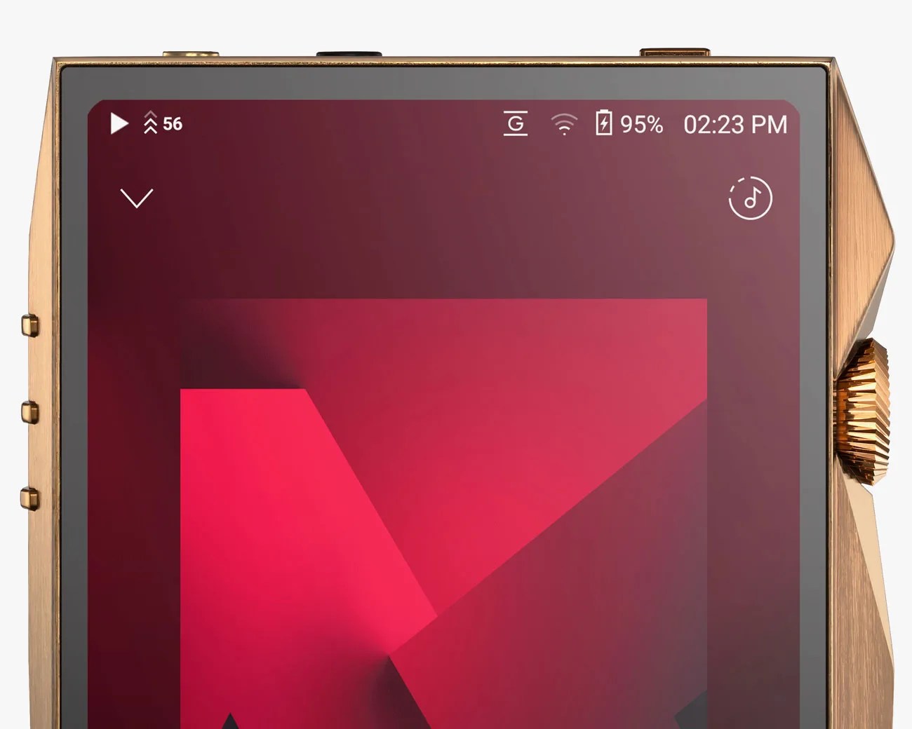 Close-up of a gold-toned digital device with a red geometric wallpaper on the screen showing battery at 95% and time 02:23 PM.