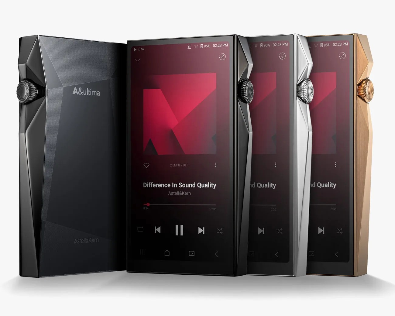Four Astell&Kern A&ultima digital music players in black, dark gray, silver, and gold with angular designs and volume knobs.