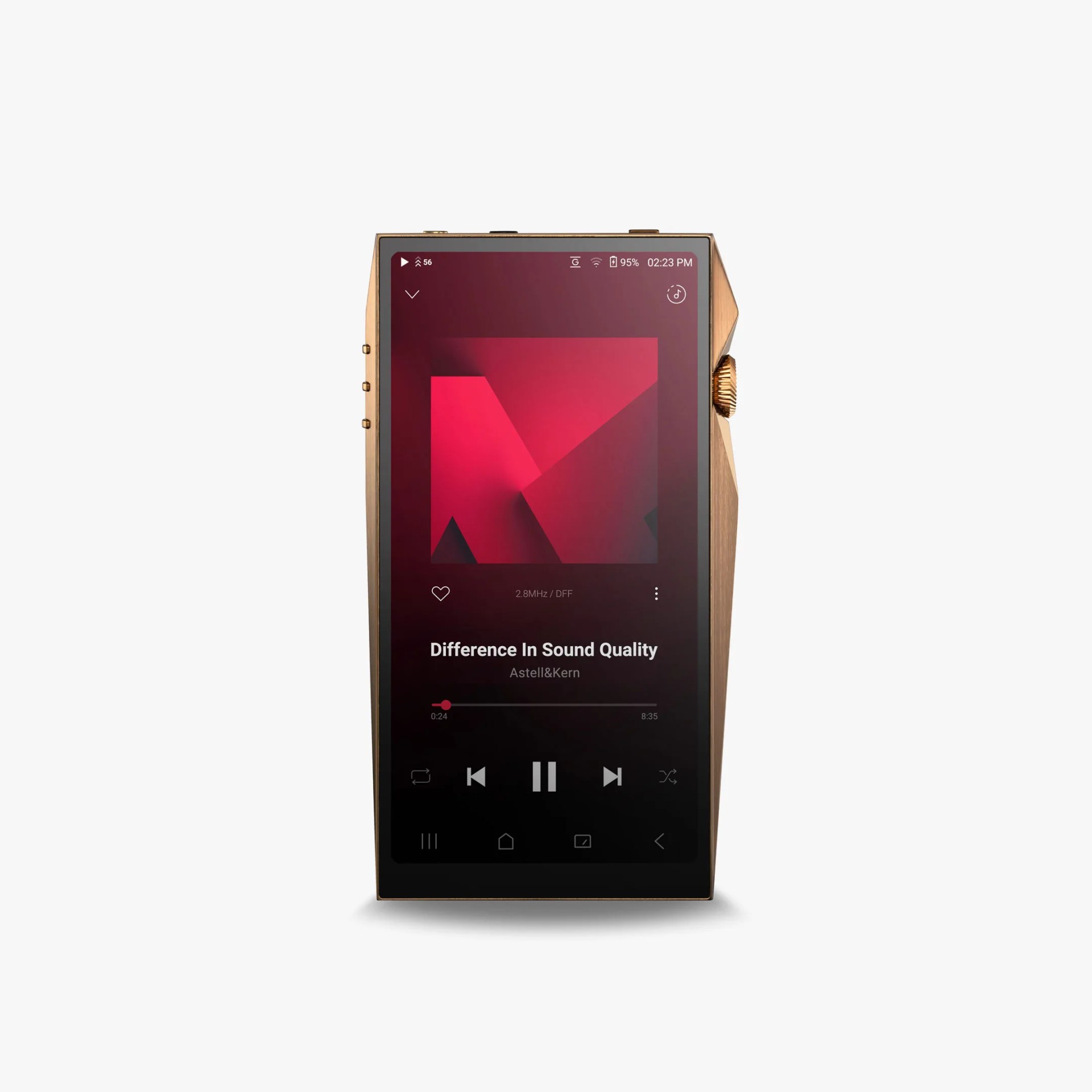 Rectangular bronze digital music player with touchscreen displaying a red album cover and playback controls.