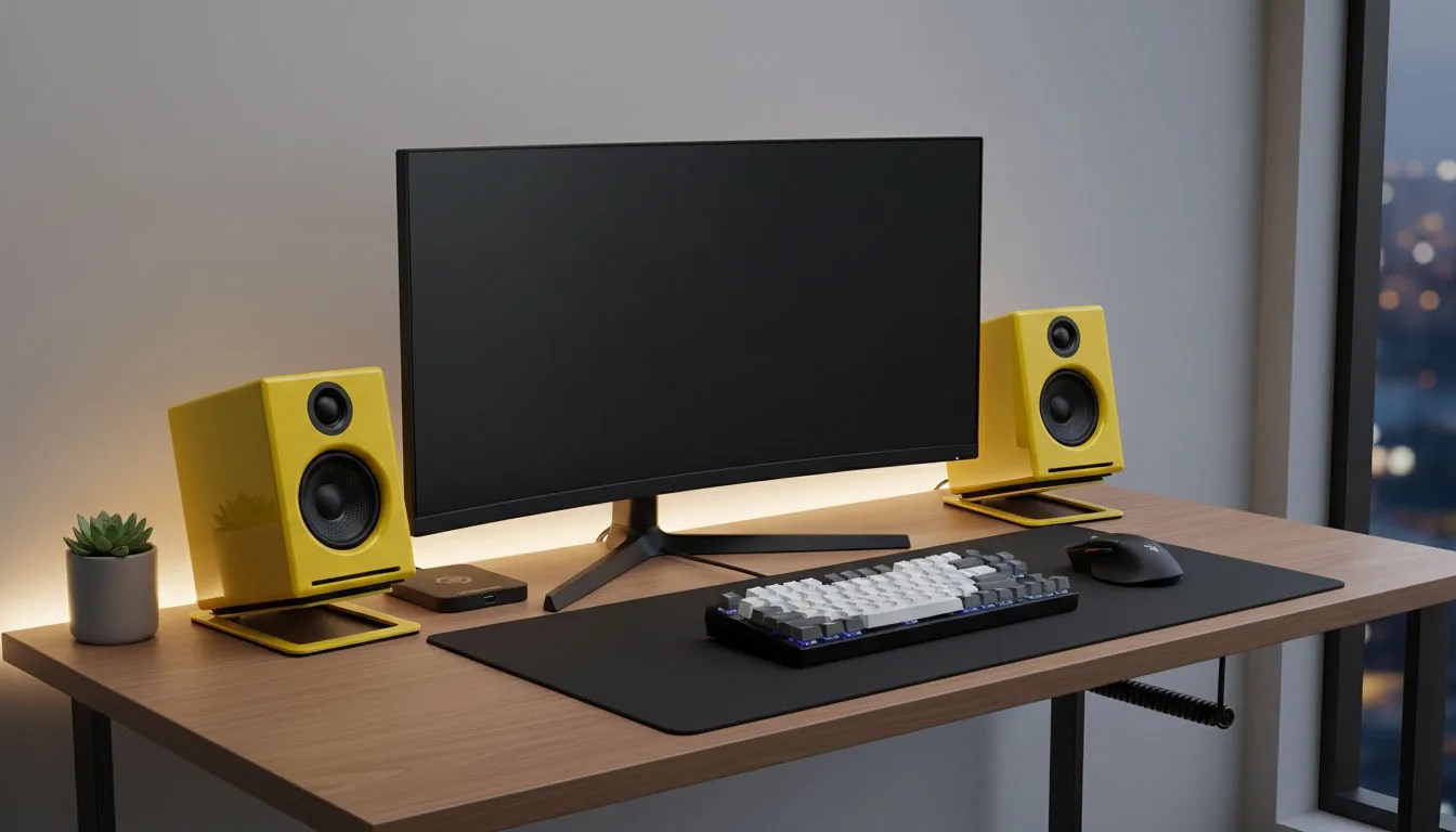 Curved black monitor on a wooden desk with yellow speakers, a compact keyboard, mouse, and small potted plant.