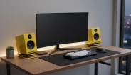 Curved black monitor on a wooden desk with yellow speakers, a compact keyboard, mouse, and small potted plant.