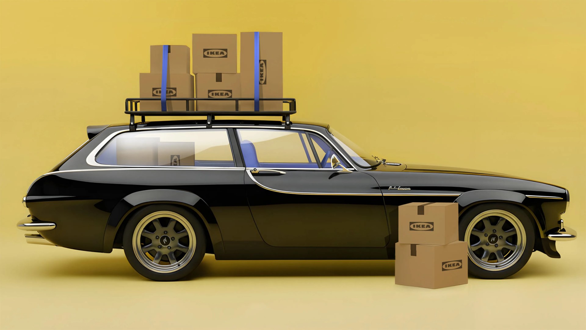 Black vintage station wagon with roof rack carrying IKEA boxes and additional boxes stacked beside the front wheel.