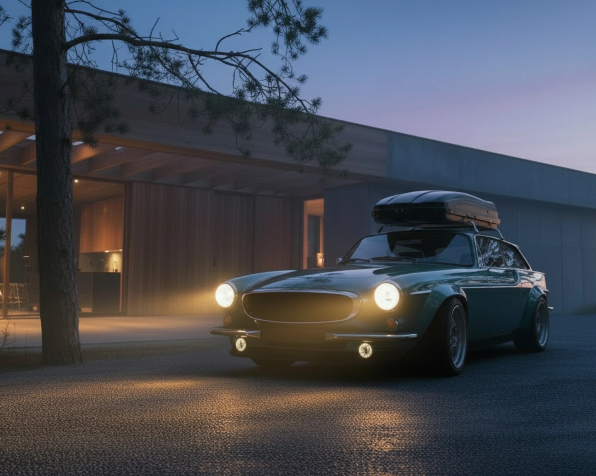 Dark green vintage car with roof cargo box and headlights on, parked outside a modern house at dusk.
