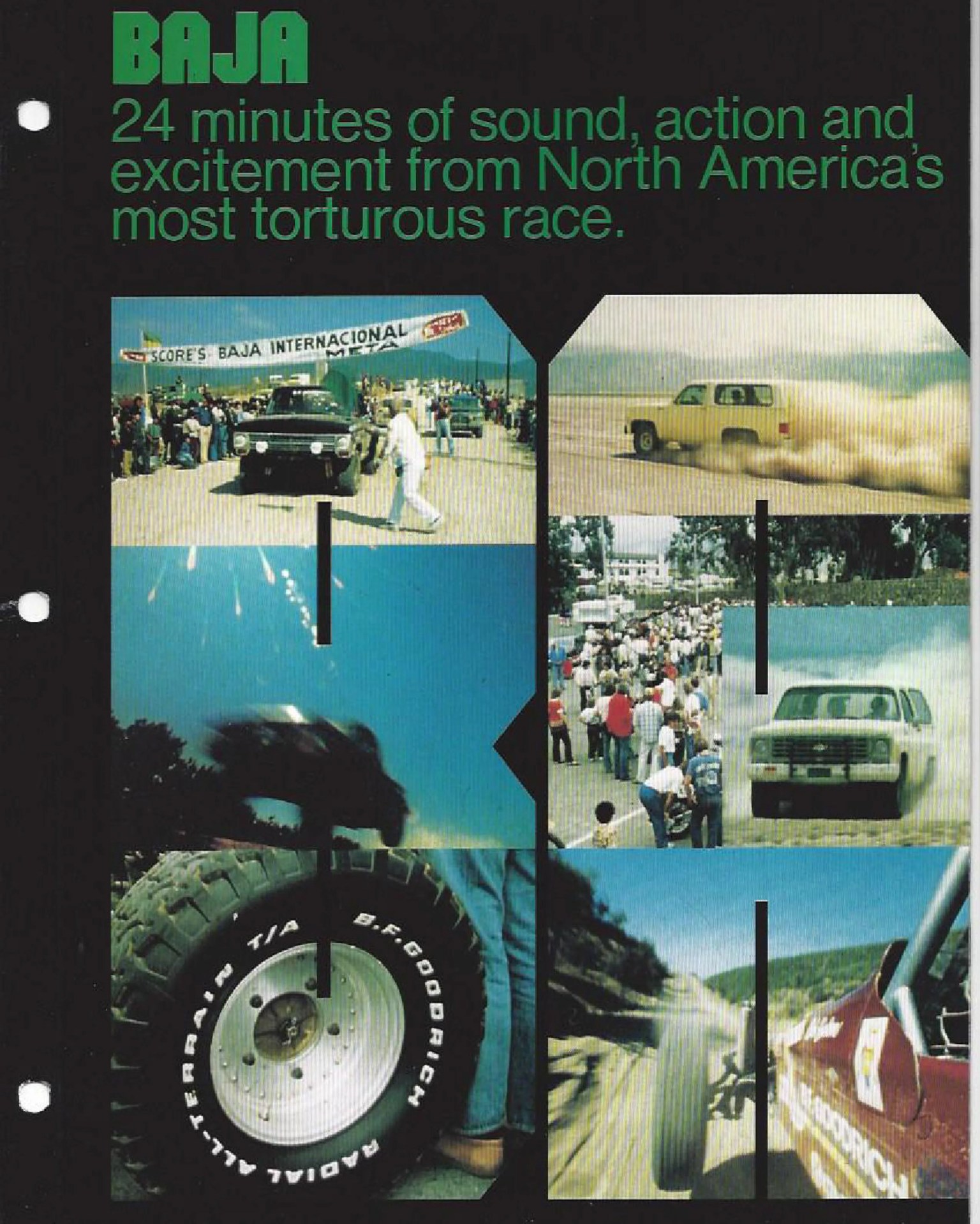 Collage of off-road racing scenes including a start line, vehicles kicking up dust, a crowd, a close-up of a BFGoodrich tire, and a red race truck on a dirt road.