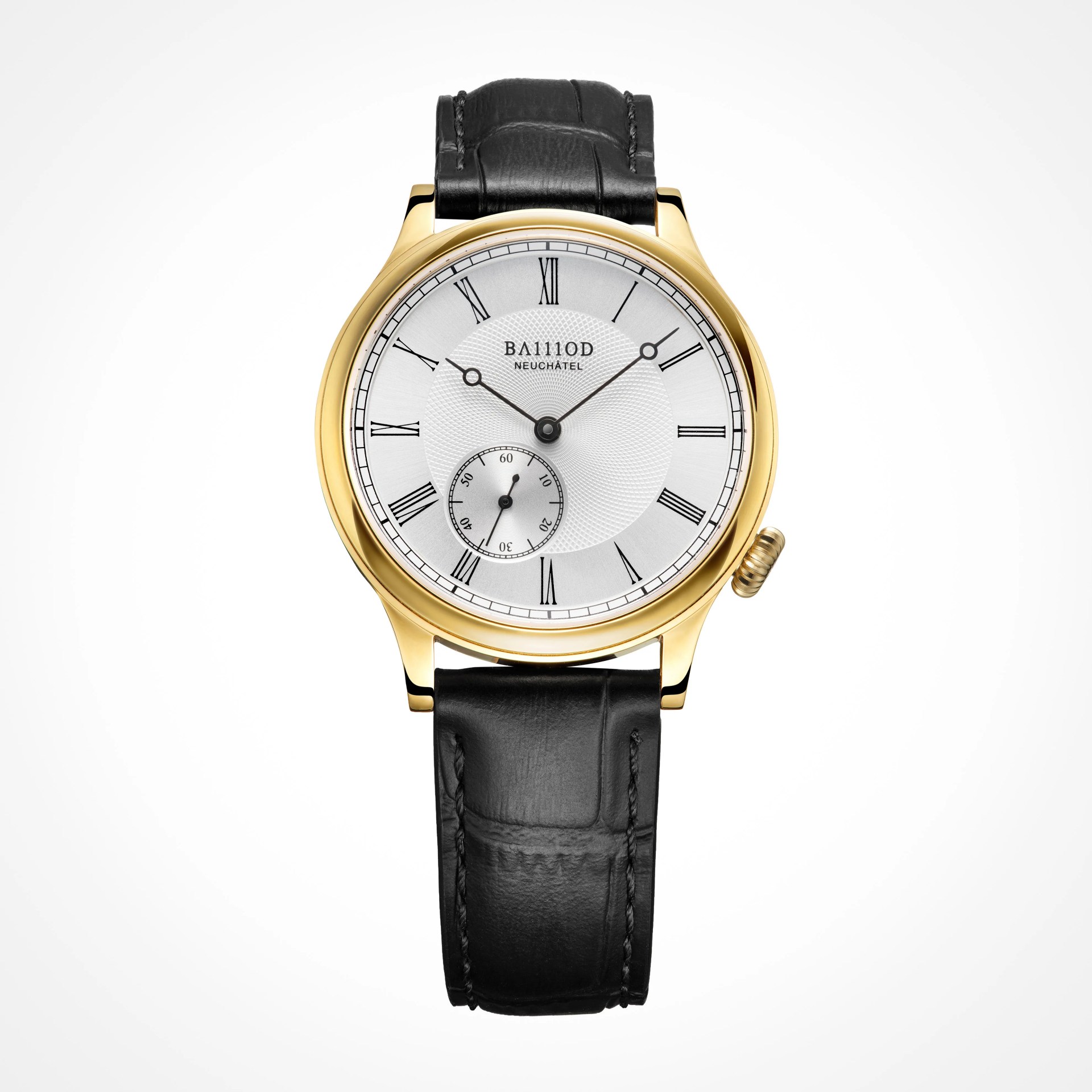 Gold round wristwatch with white dial, black Roman numerals, small seconds subdial, and black leather strap.
