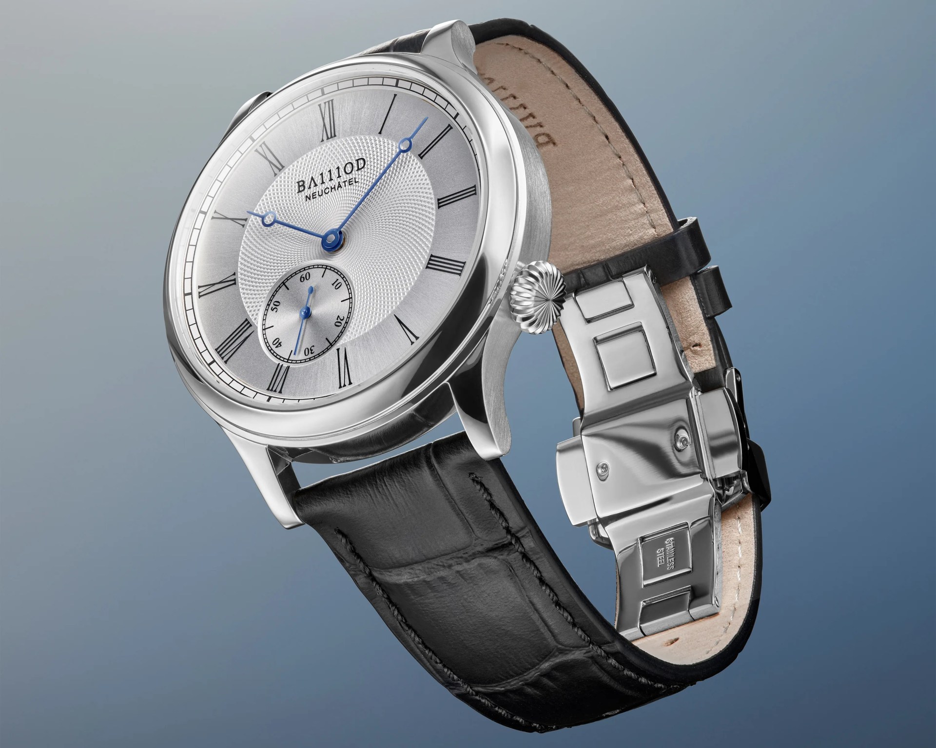 Silver analog wristwatch with Roman numerals, blue hands, black leather strap, and stainless steel clasp.