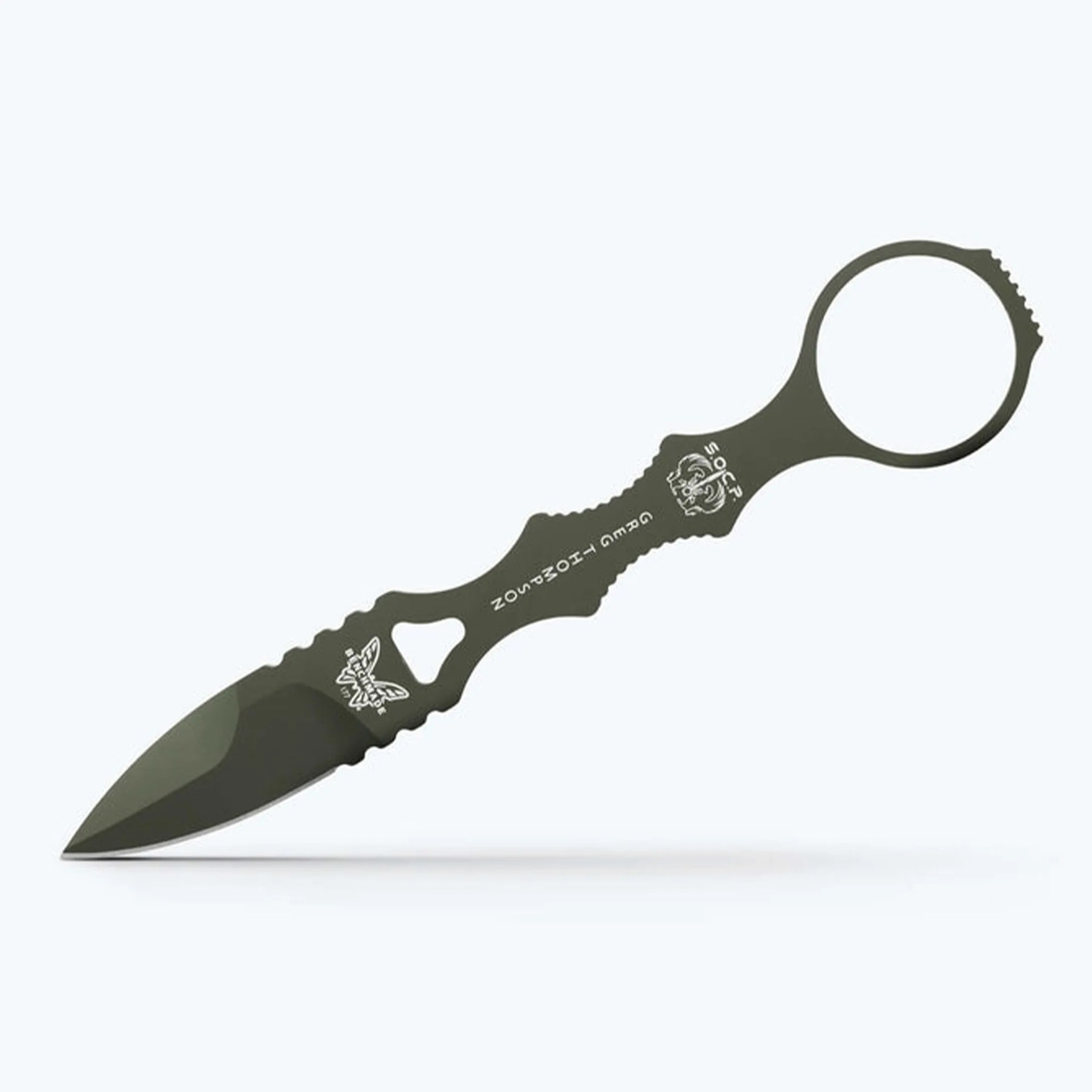 Black tactical push dagger with a circular finger ring and serrated grip edges.