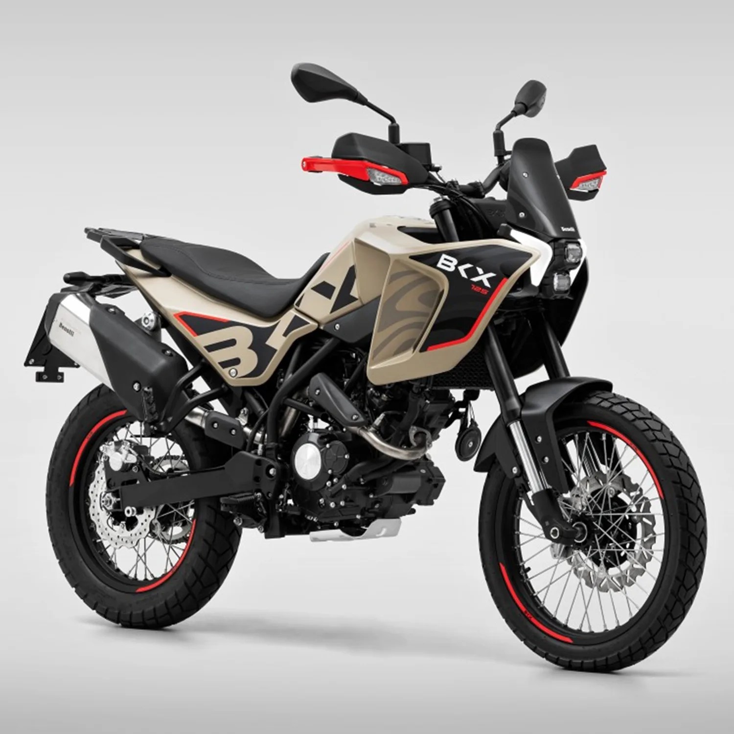 Beige and black Benelli BX 125 dual-sport motorcycle with red accents and knobby tires on a gray background.
