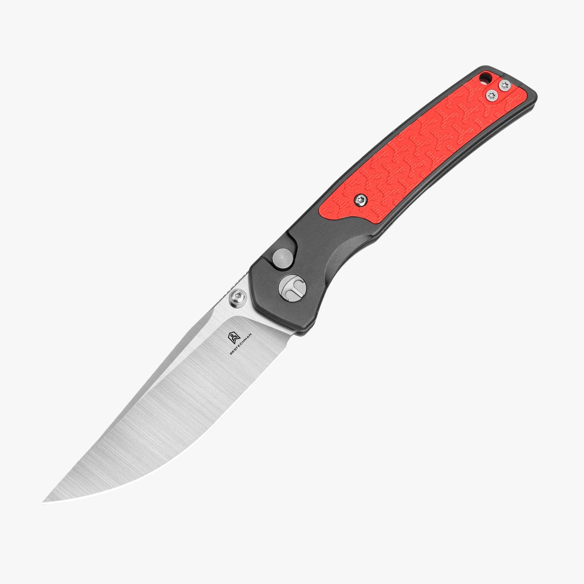 Folding knife with a silver blade and black handle featuring a red textured grip panel.