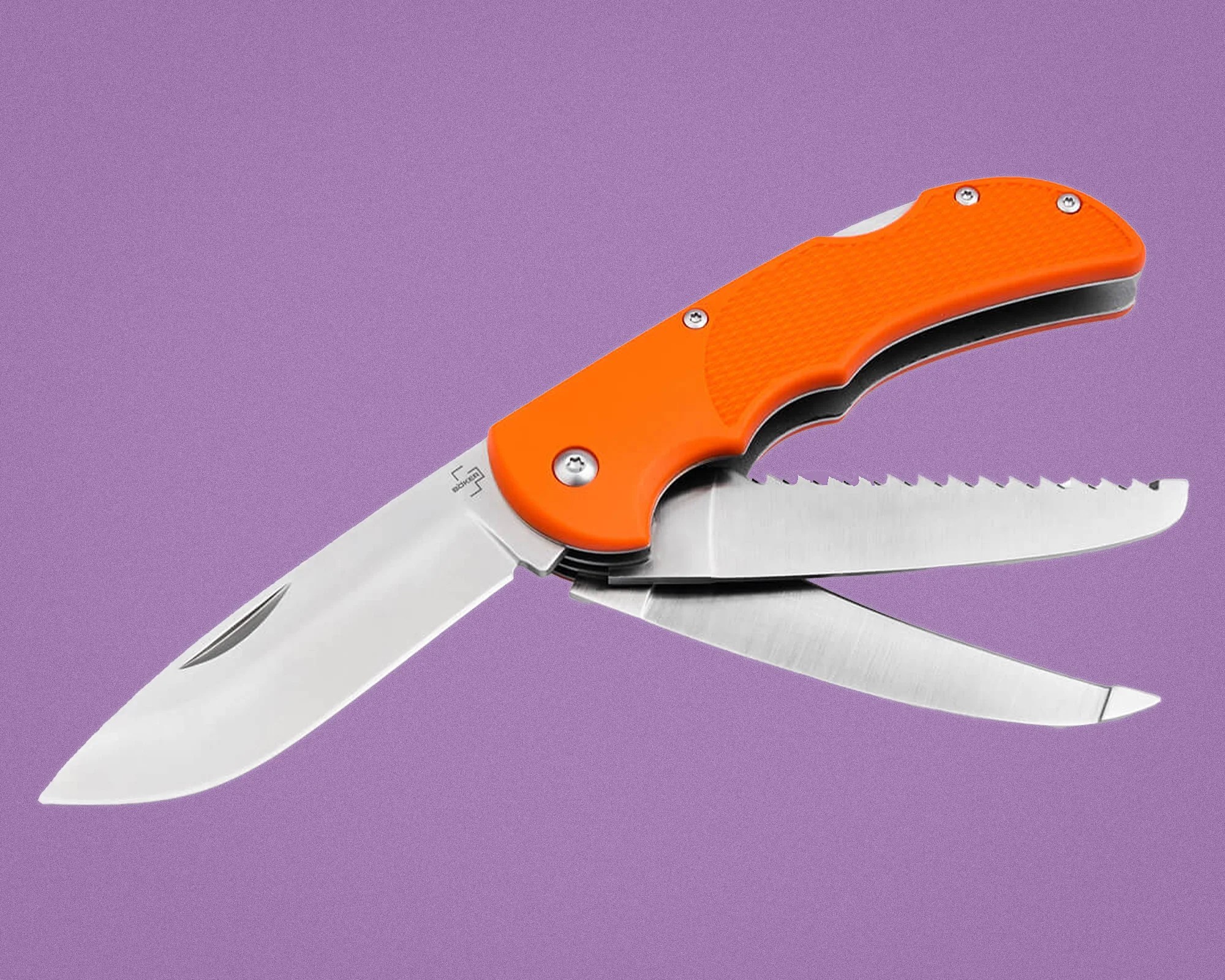 Folding pocket knife with three stainless steel blades and an orange textured handle on a purple background.