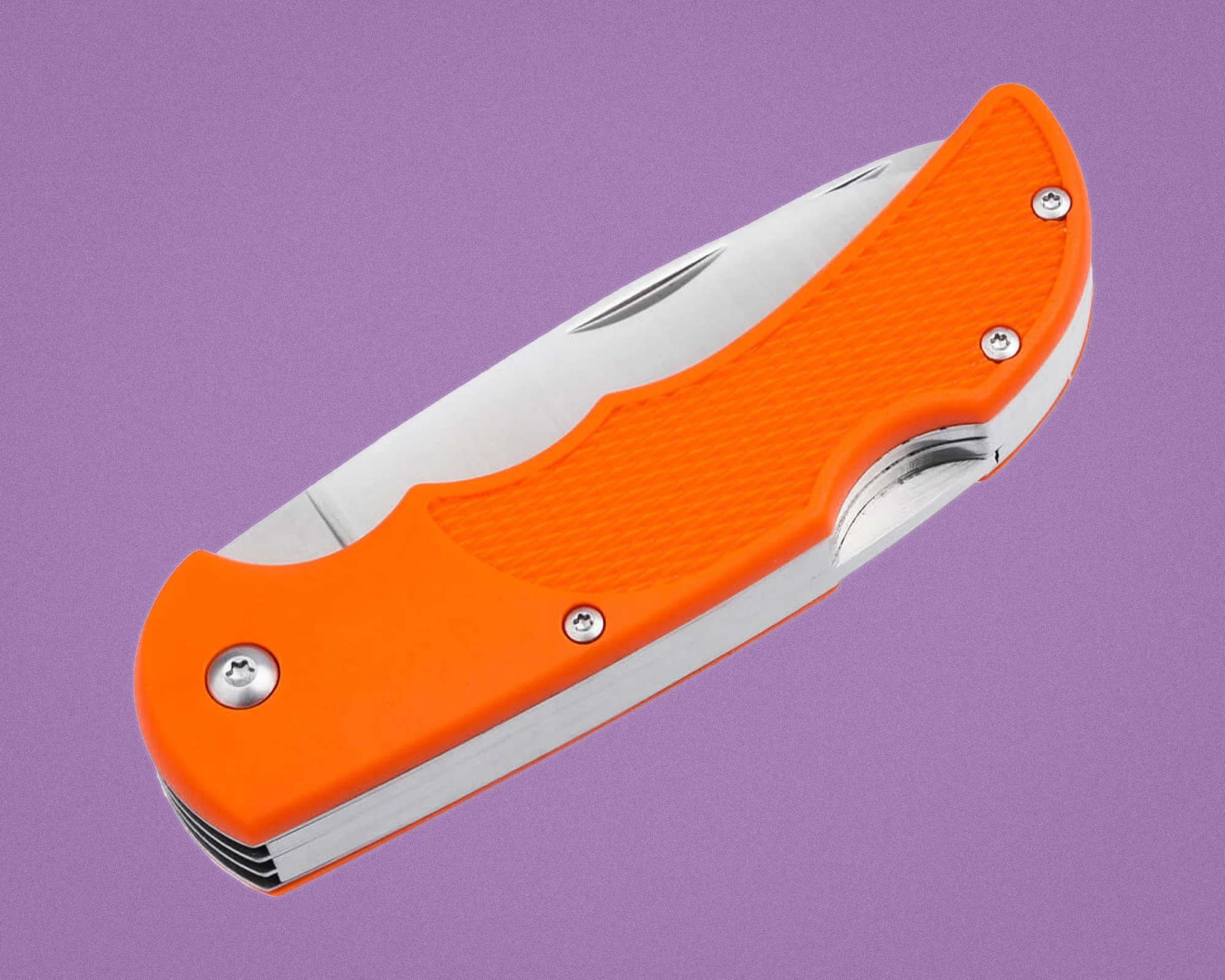 Folded pocket knife with a bright orange textured handle and stainless steel blade on a purple background.