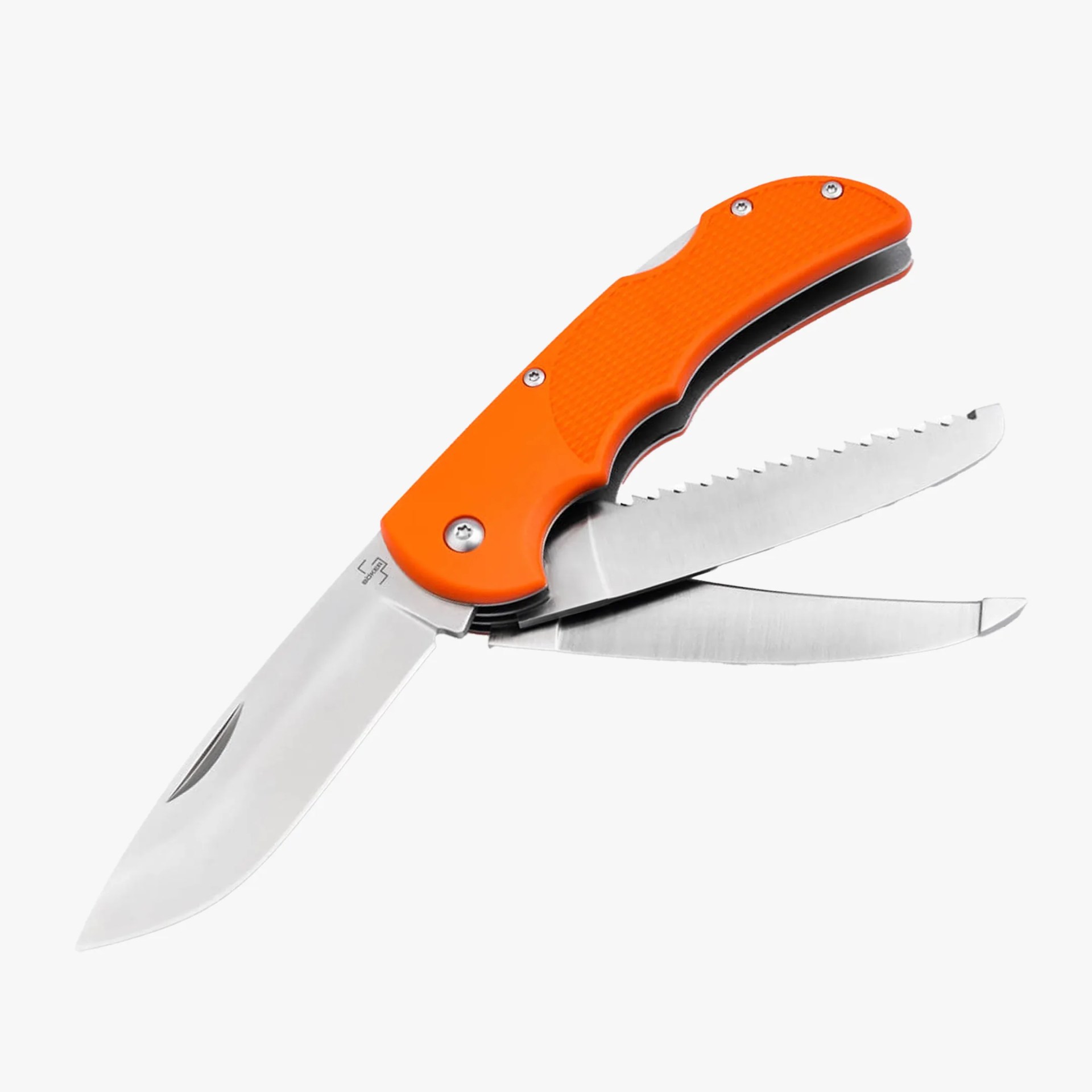 Folding pocket knife with bright orange textured handle and two stainless steel blades, one serrated.