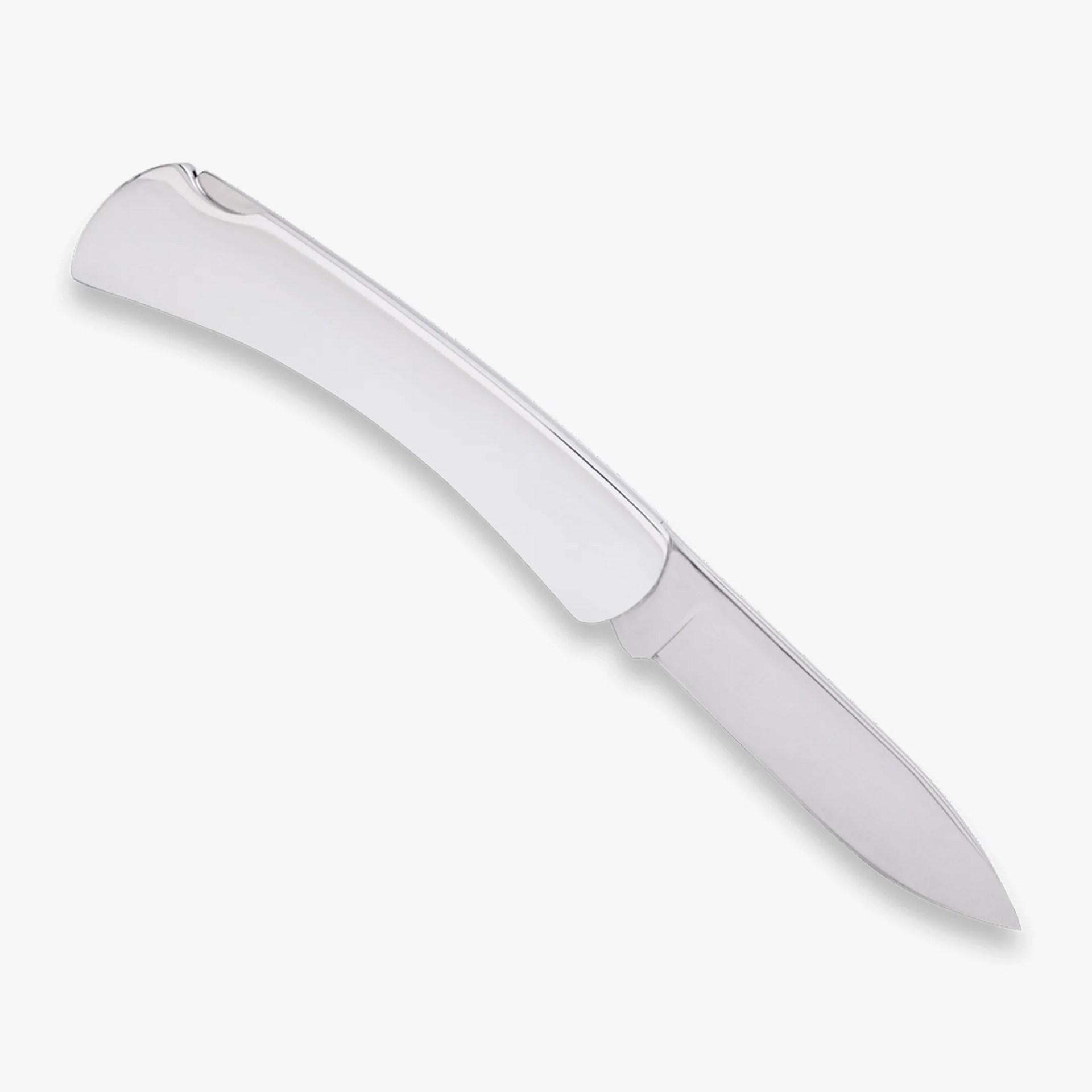 Polished stainless steel folding knife with a curved handle and a straight-edged blade.