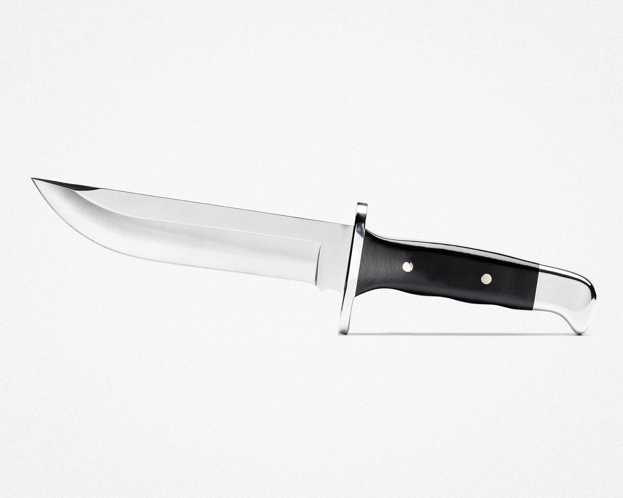Fixed-blade hunting knife with a polished steel blade and black handle with metal rivets.