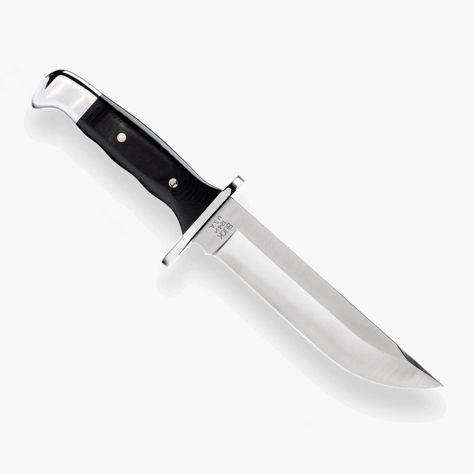 Fixed-blade hunting knife with polished steel blade and black handle with metal pommel.