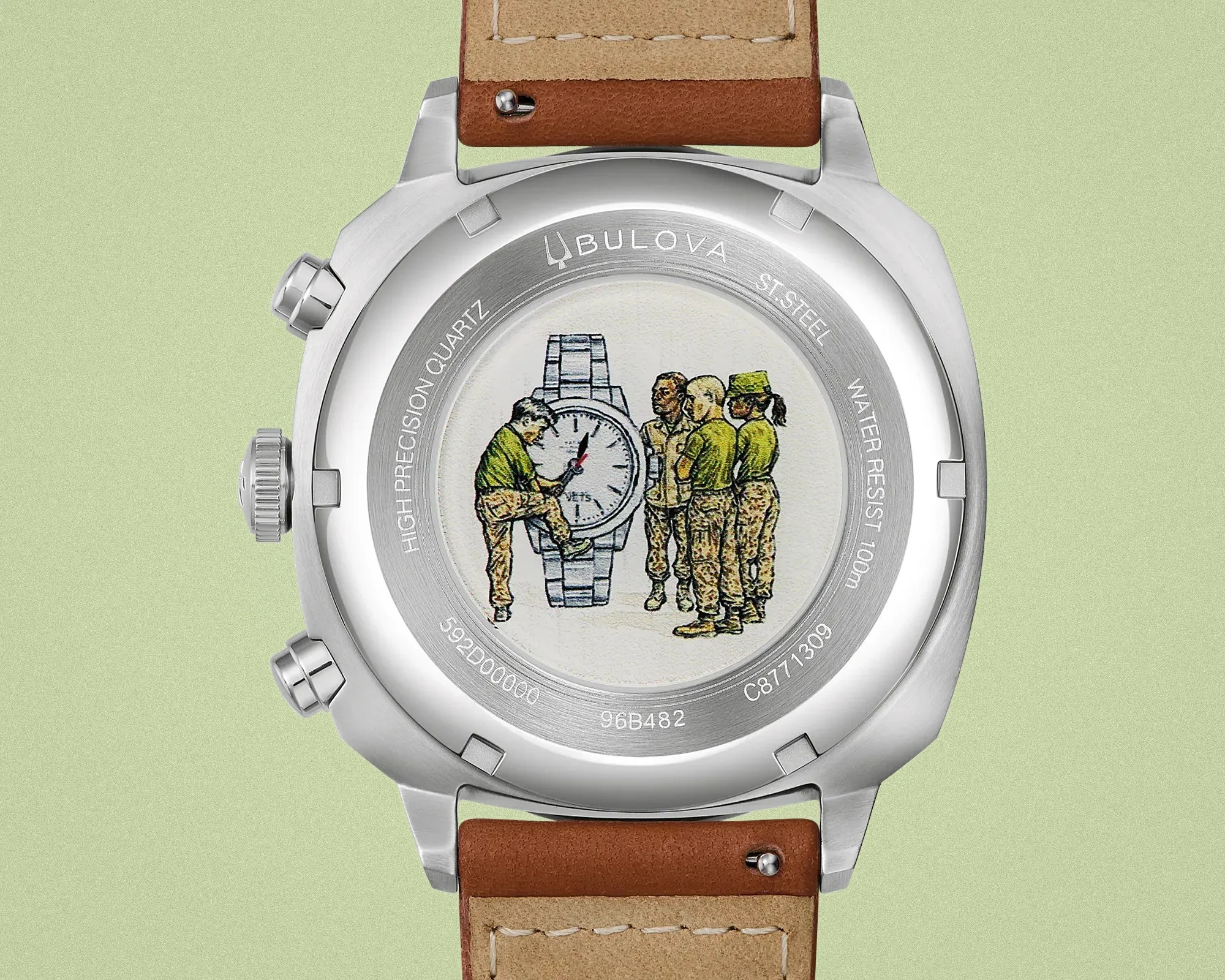 Back of a Bulova stainless steel watch with a leather strap, featuring an illustration of four soldiers inspecting a large watch.