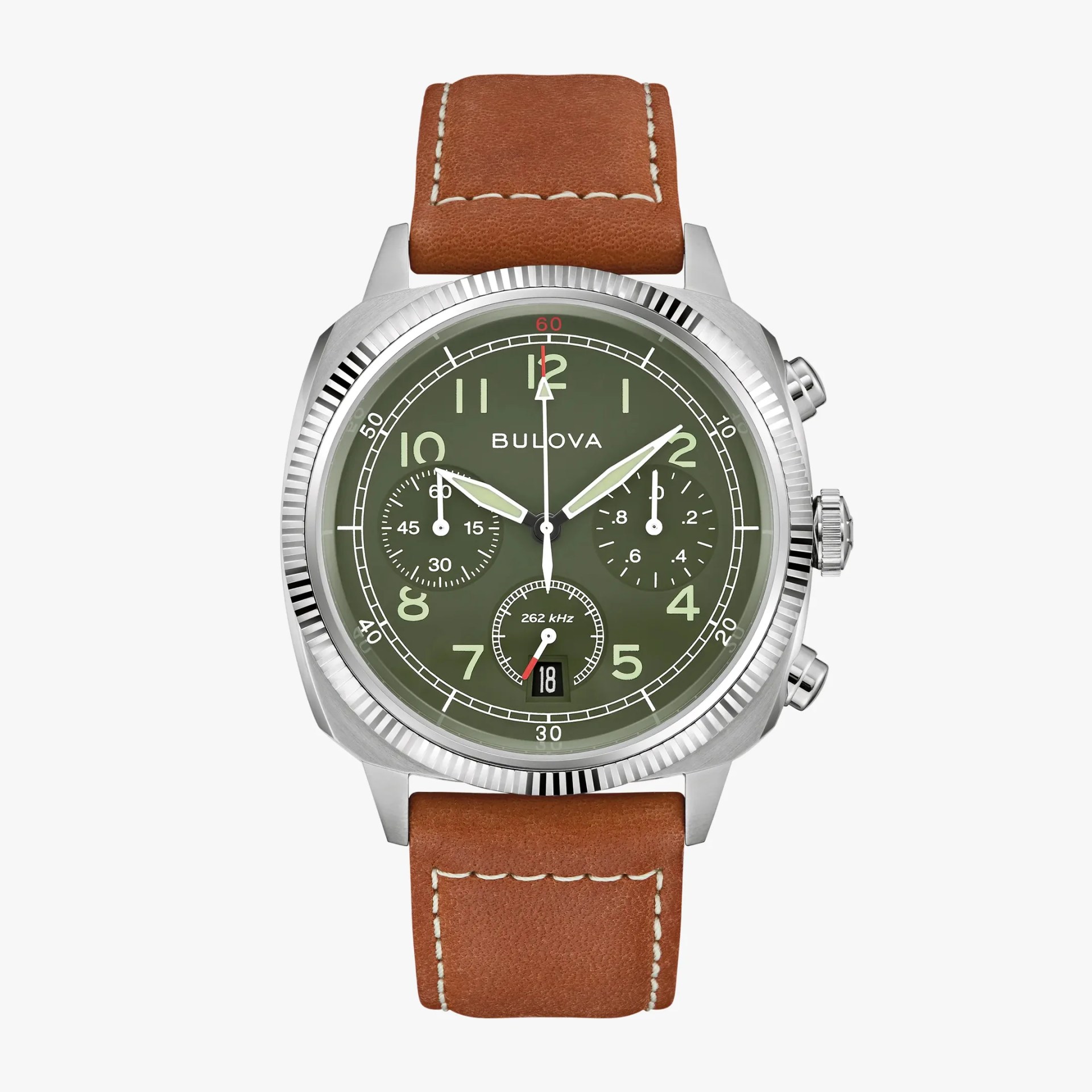 Bulova watch with green dial, silver case, chronograph subdials, and brown leather strap with white stitching.