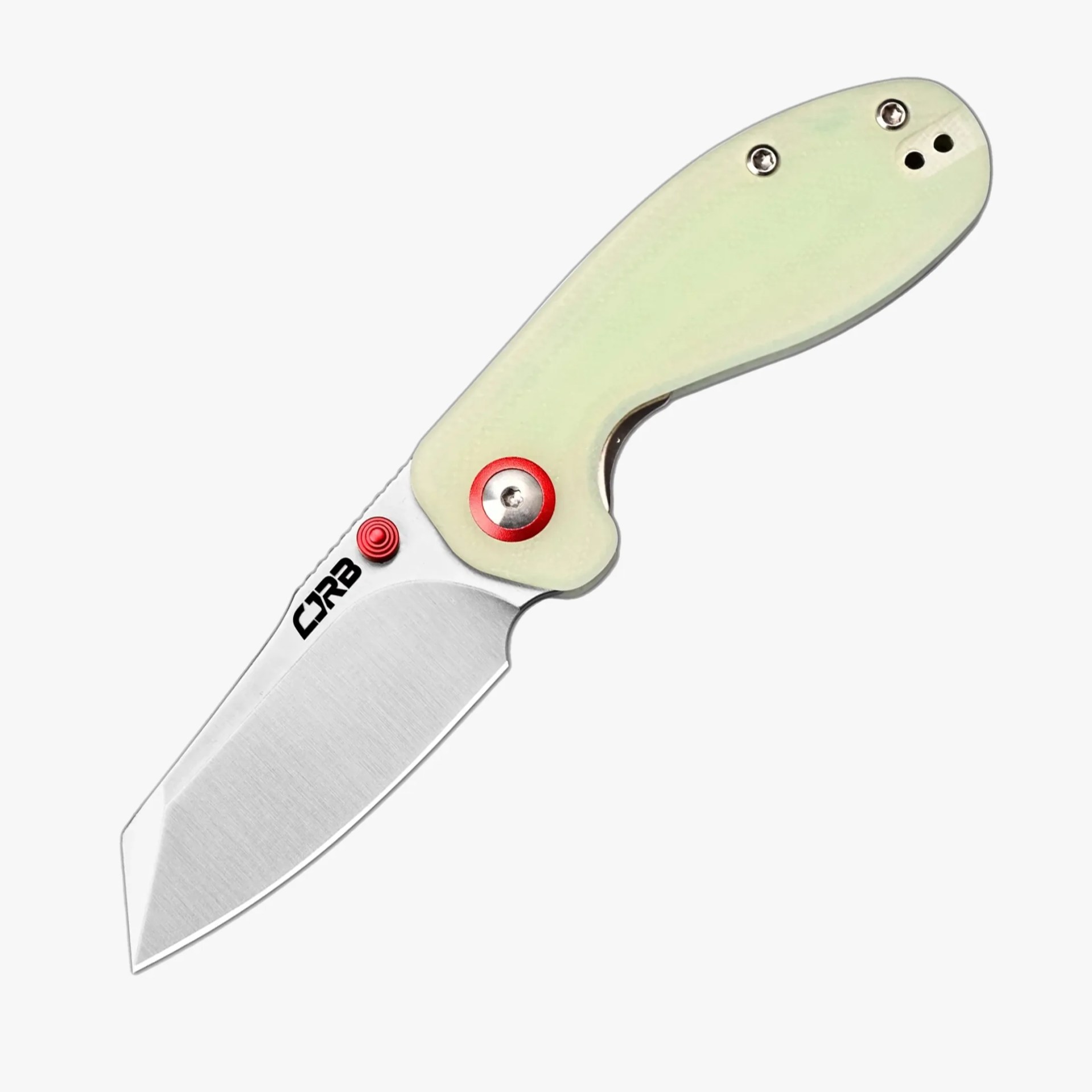 Folding knife with a silver tanto blade, white handle, and red pivot and thumb stud.
