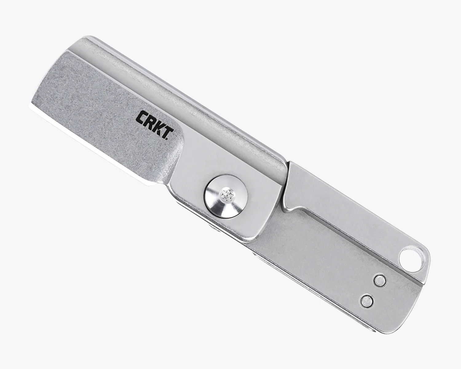Silver CRKT folding knife with a straight-edged blade and a hole near the handle end.
