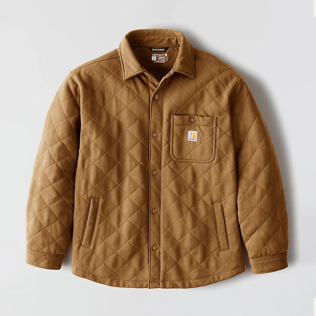 Brown quilted Carhartt jacket with snap buttons and chest pocket with logo patch.