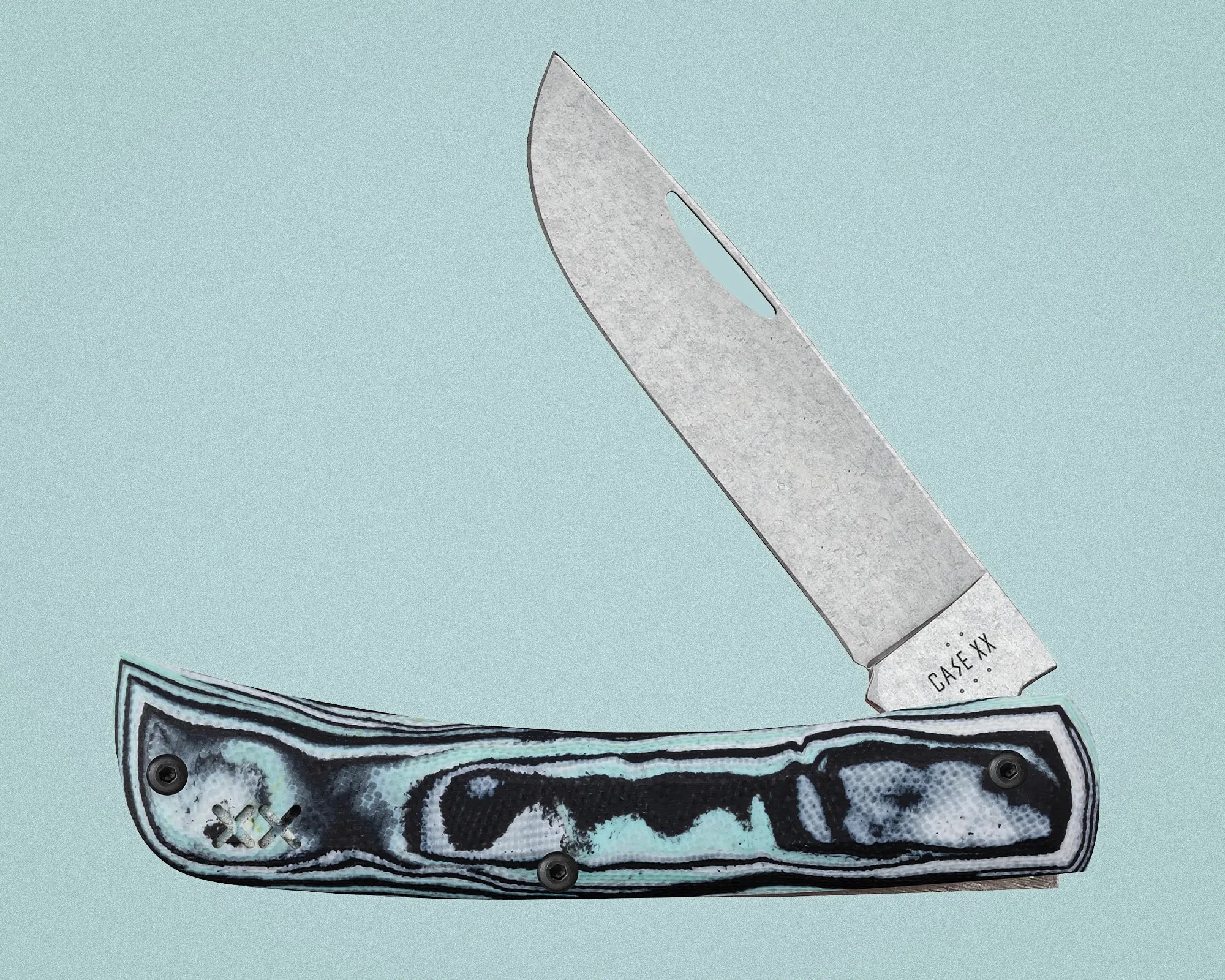 Folding pocket knife with a partially open stainless steel blade and a black, white, and turquoise patterned handle.