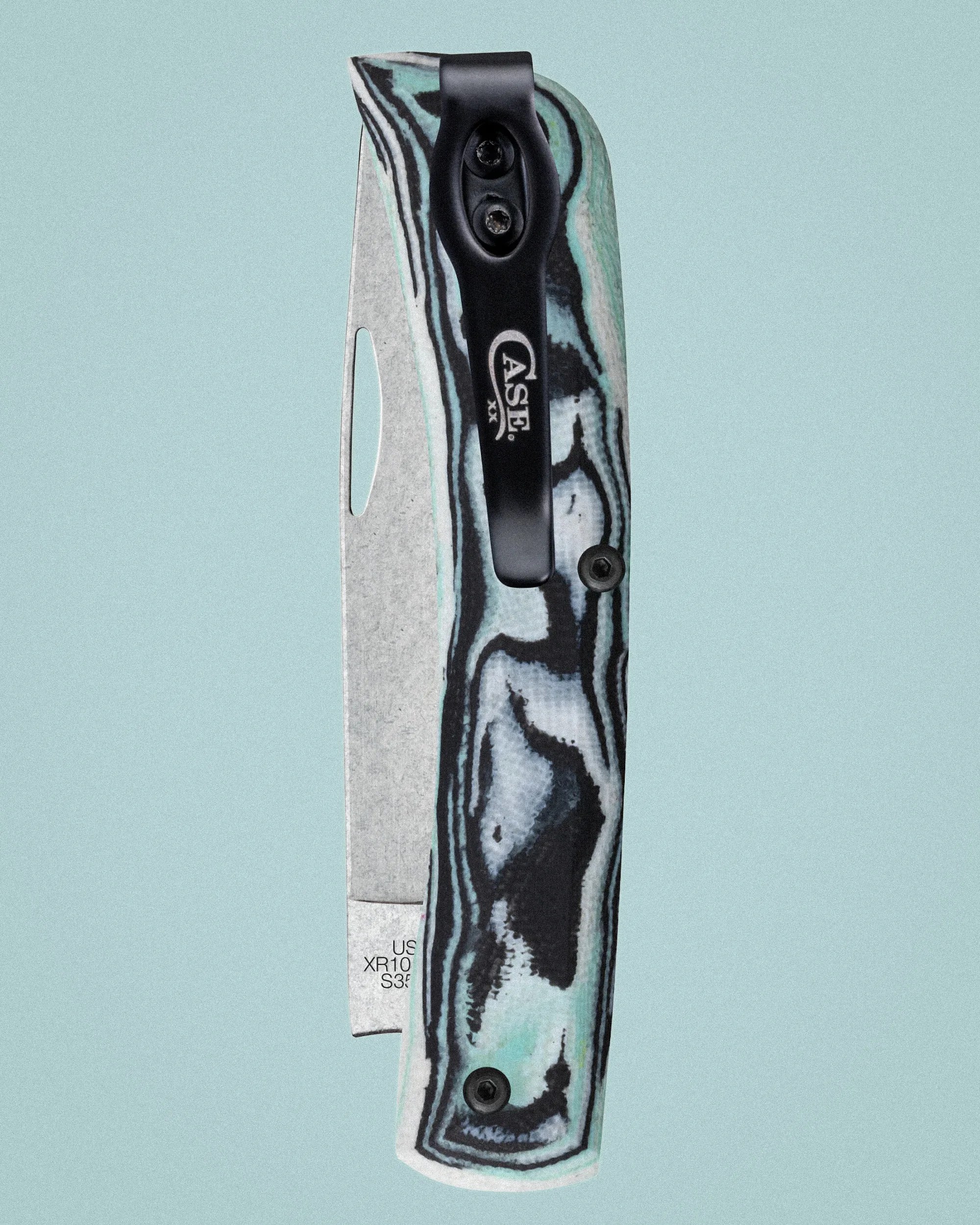 Folded pocket knife with a black and turquoise marbled handle and a black clip labeled "CASE XX.