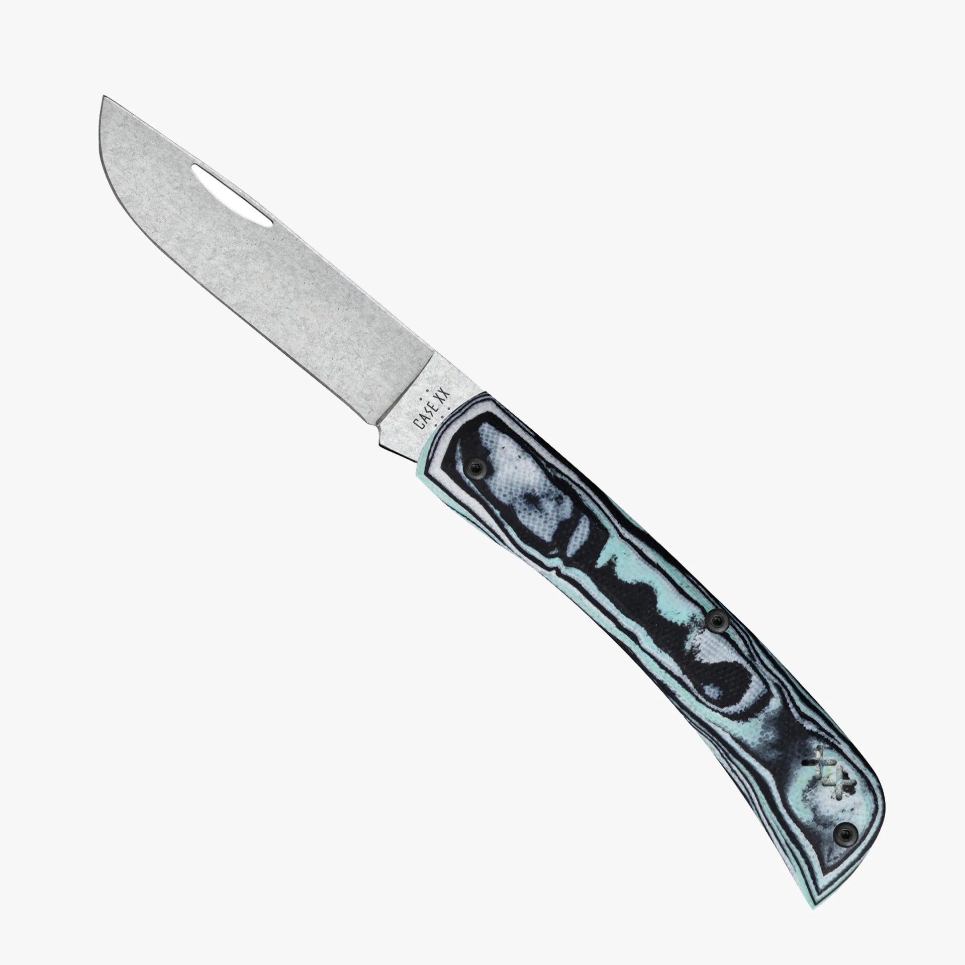 Folding pocket knife with a stonewashed blade and a blue and black patterned handle.