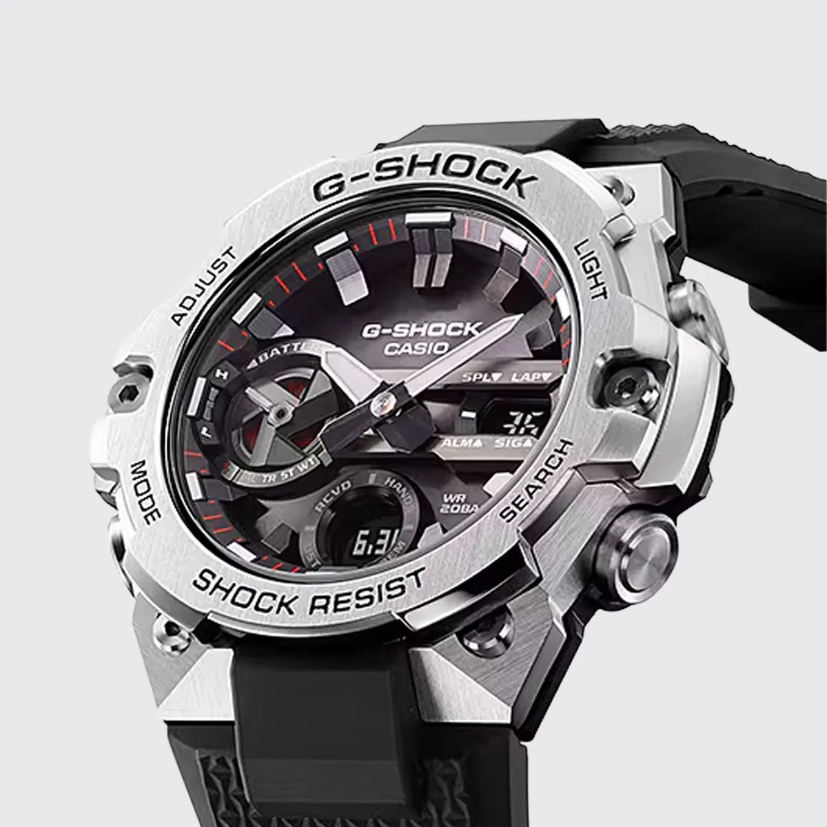 Silver Casio G-Shock analog-digital watch with black dial and black resin strap.